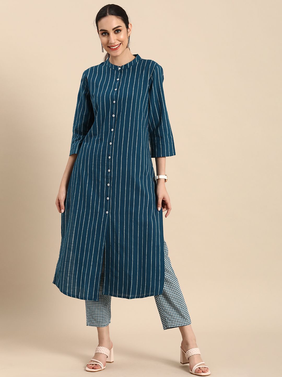 Anouk Women Navy Blue Printed Pure Cotton Kurta With Trousers