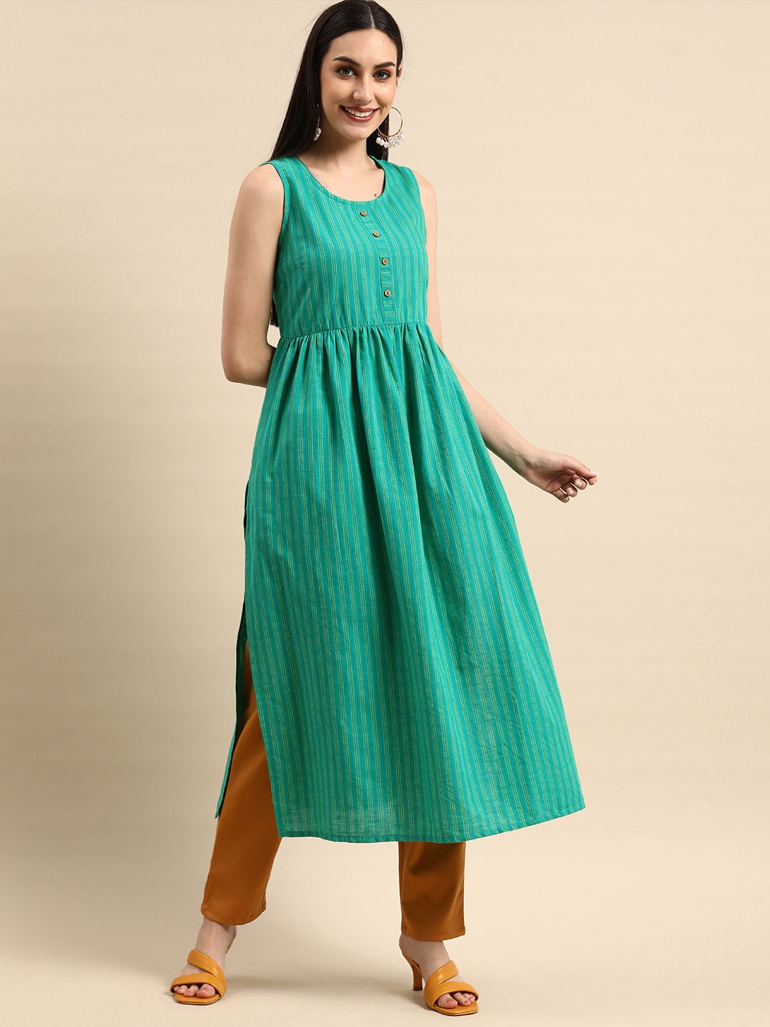 Anouk Women Green & Yellow Striped Sleevless Pure Cotton Kurta Price in India