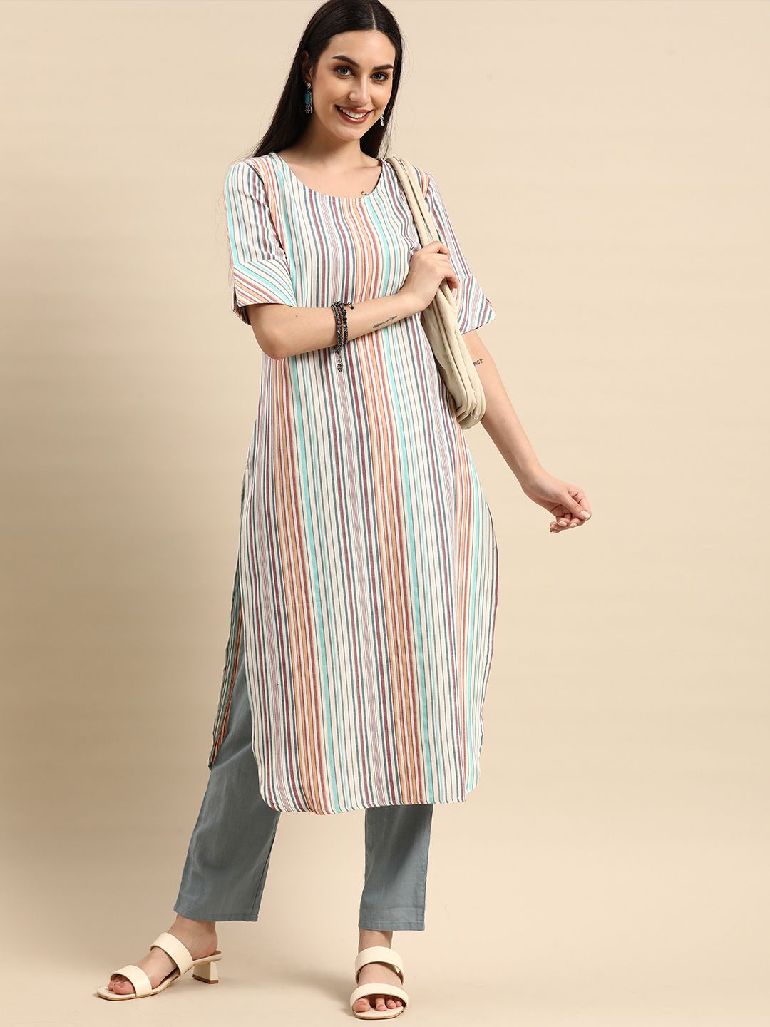 Anouk Women Multicoloured Pure Cotton Striped Kurta Price in India