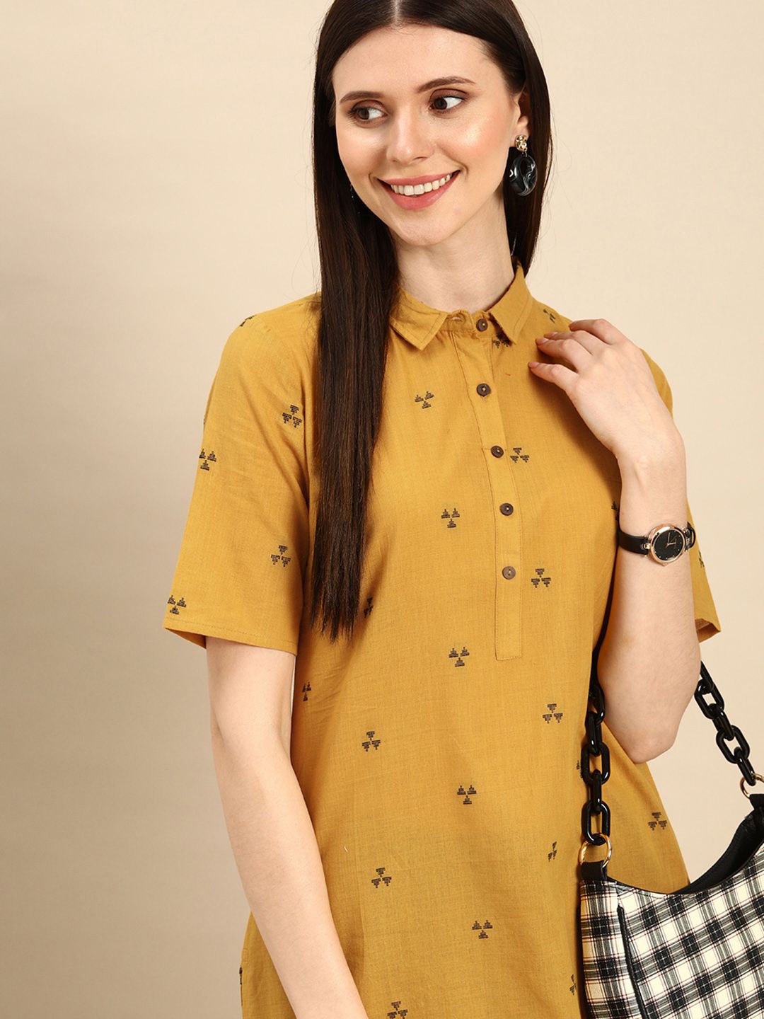 Anouk Women Mustard Yellow Geometric Printed Pure Cotton Kurta Price in India