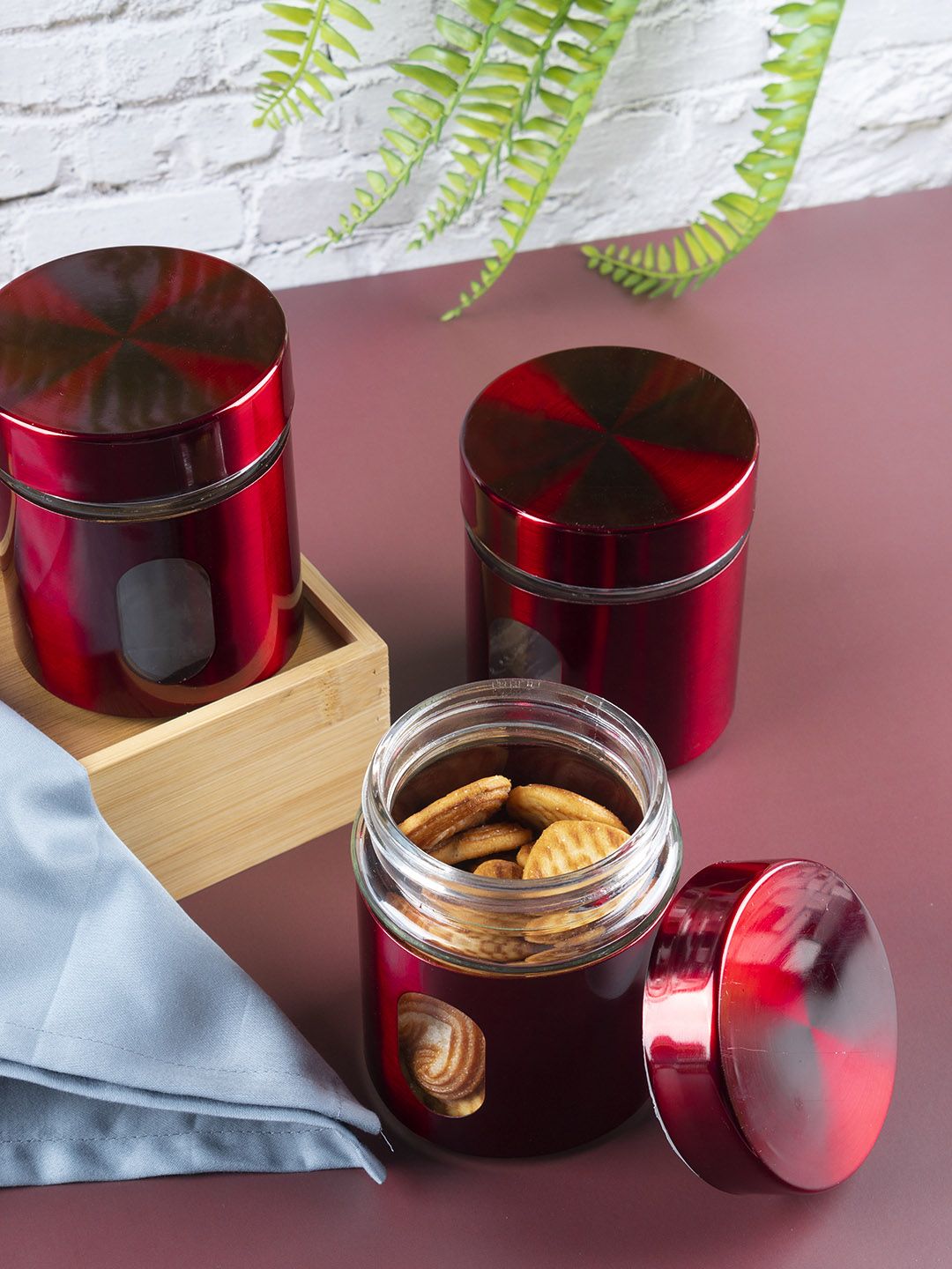 MARKET99 Set Of 3 Red Glass Jar & Container - 350 ML Price in India