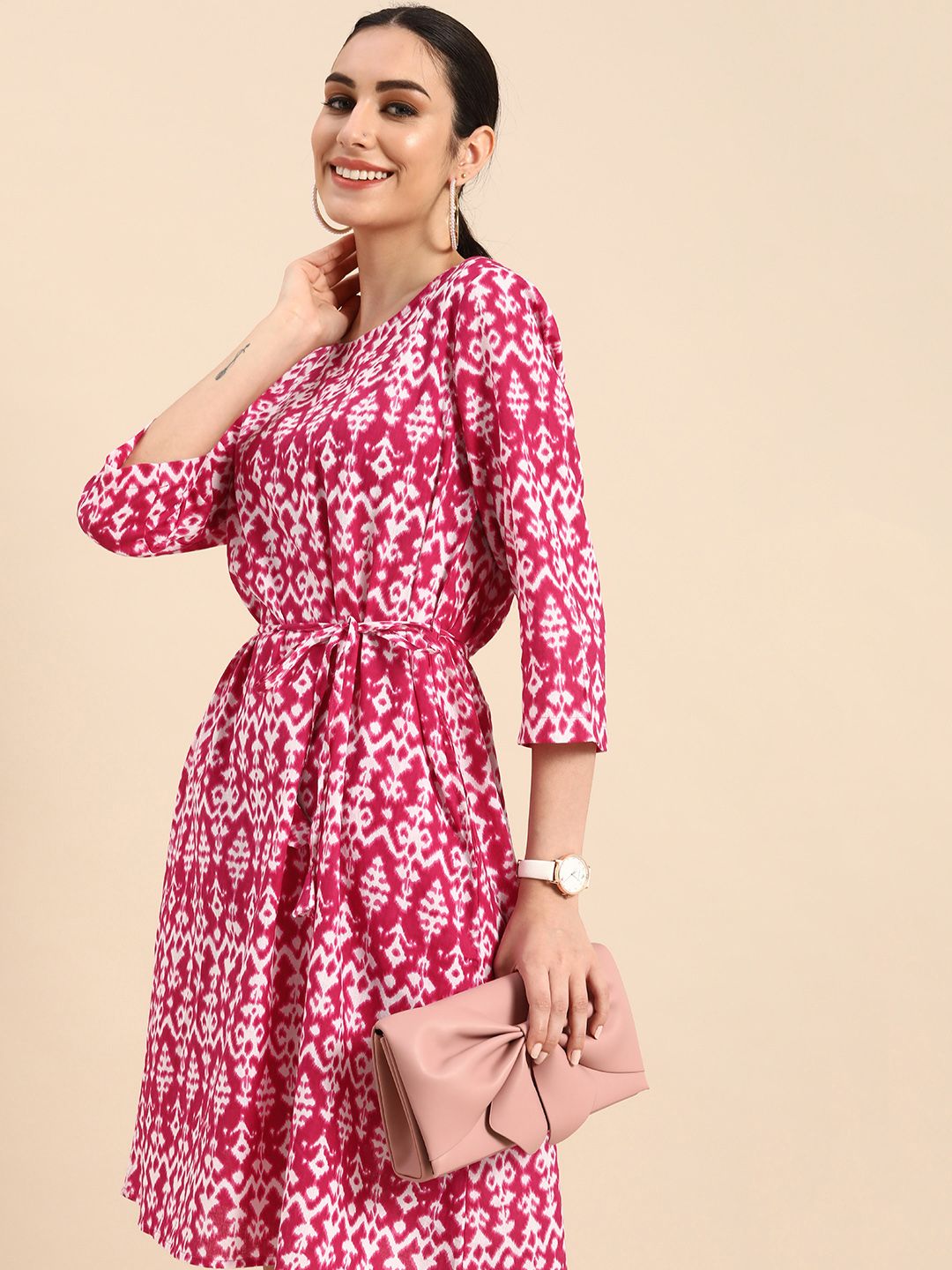 Anouk Women Pink & White Printed A-Line Dress Price in India