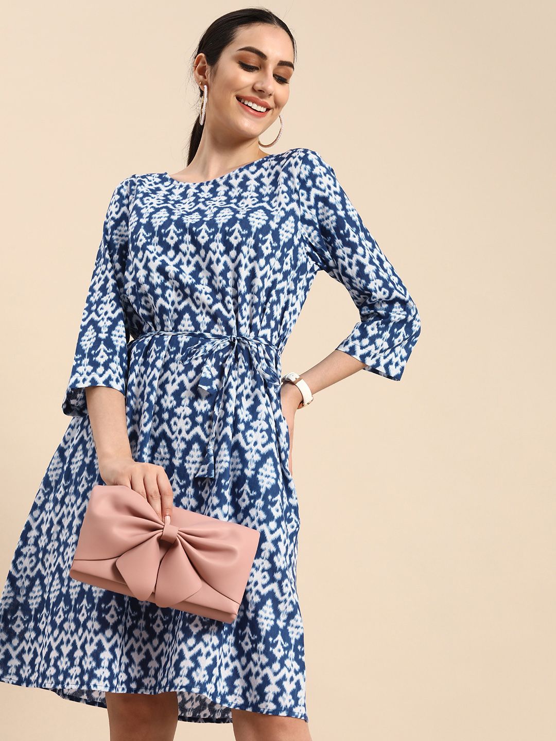 Anouk Women Blue & White Printed A-Line Dress Price in India