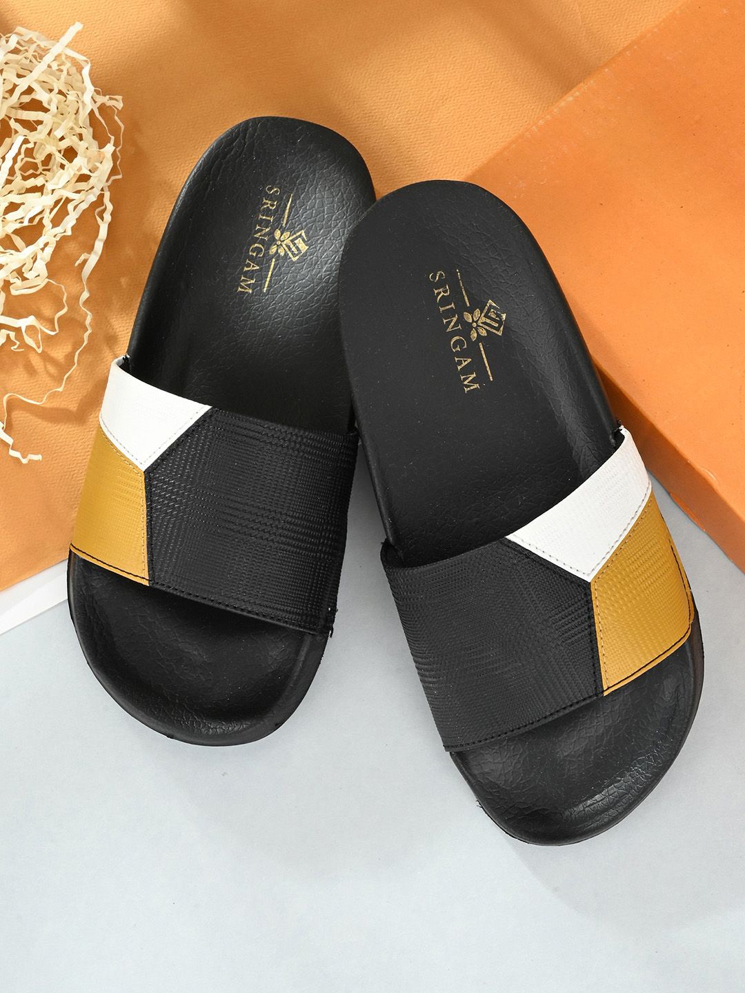 Sringam Women Black & White Colourblocked Sliders Price in India