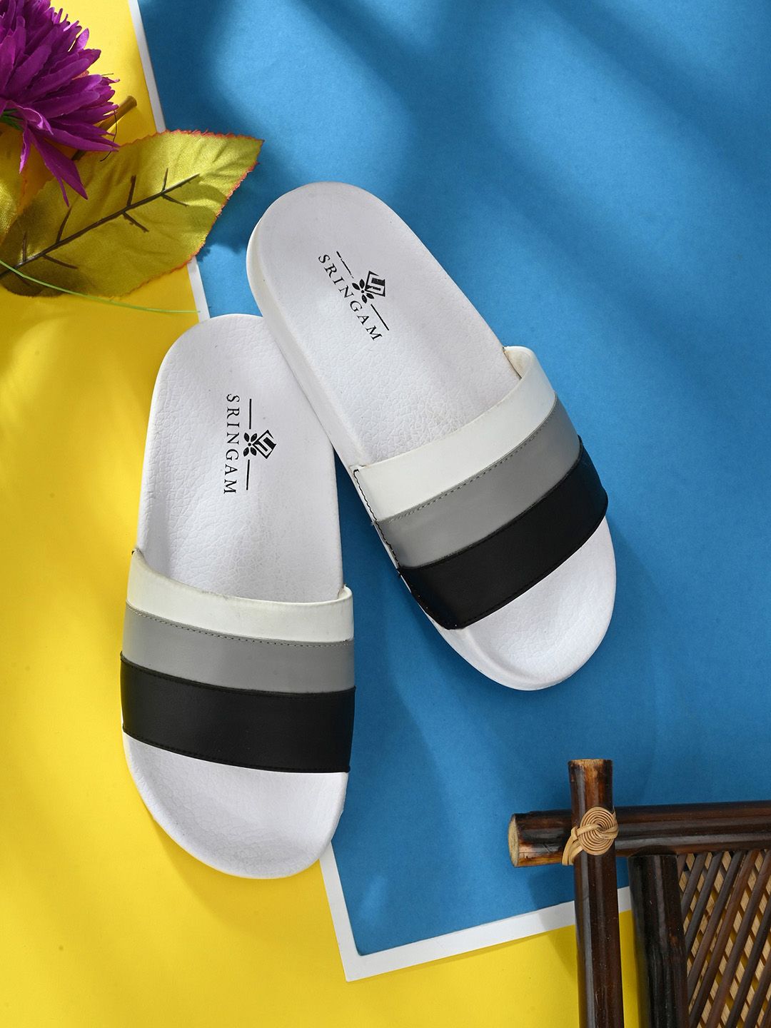 Sringam Women Black & White Striped Sliders Price in India