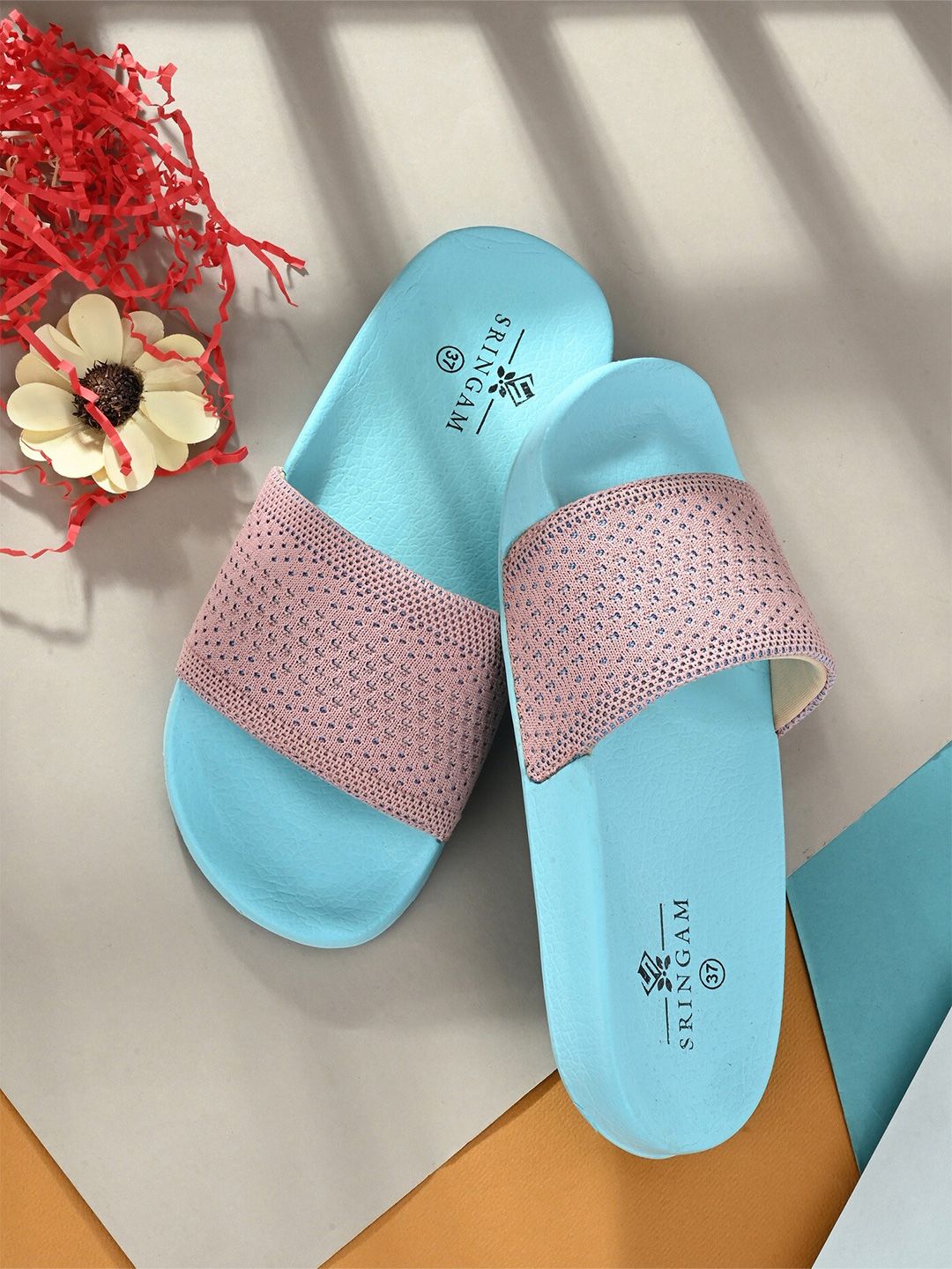 Sringam Women Blue & Pink Sliders Flip Flops Price in India