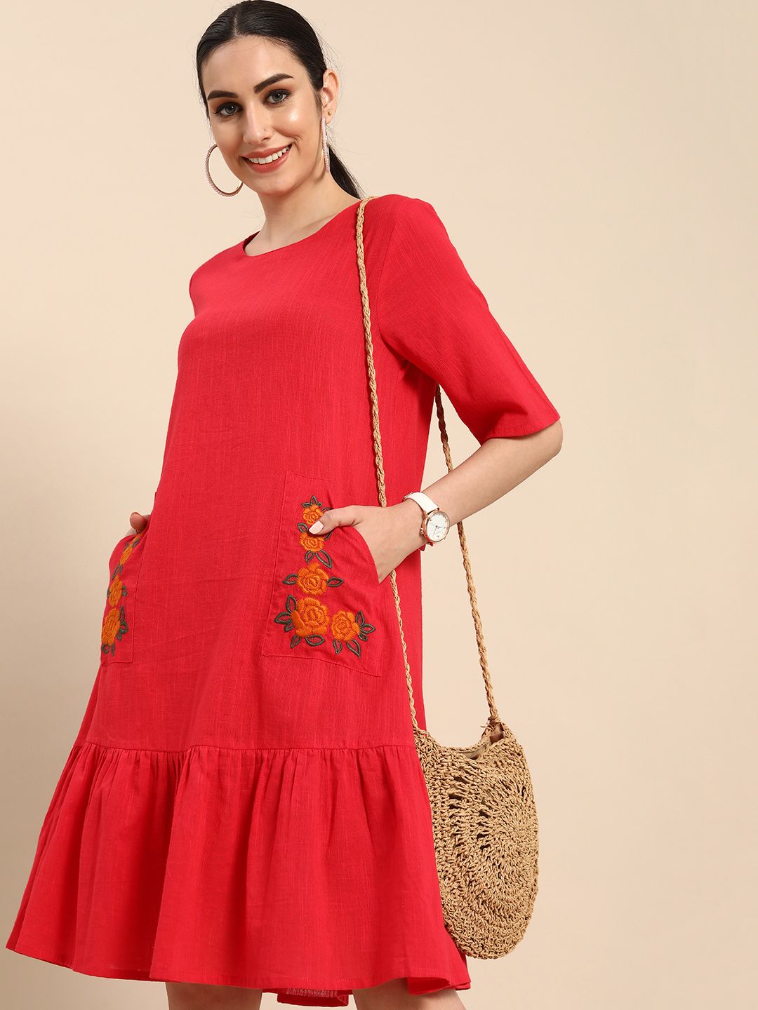 Anouk Women Red Solid Sheath Dress Price in India
