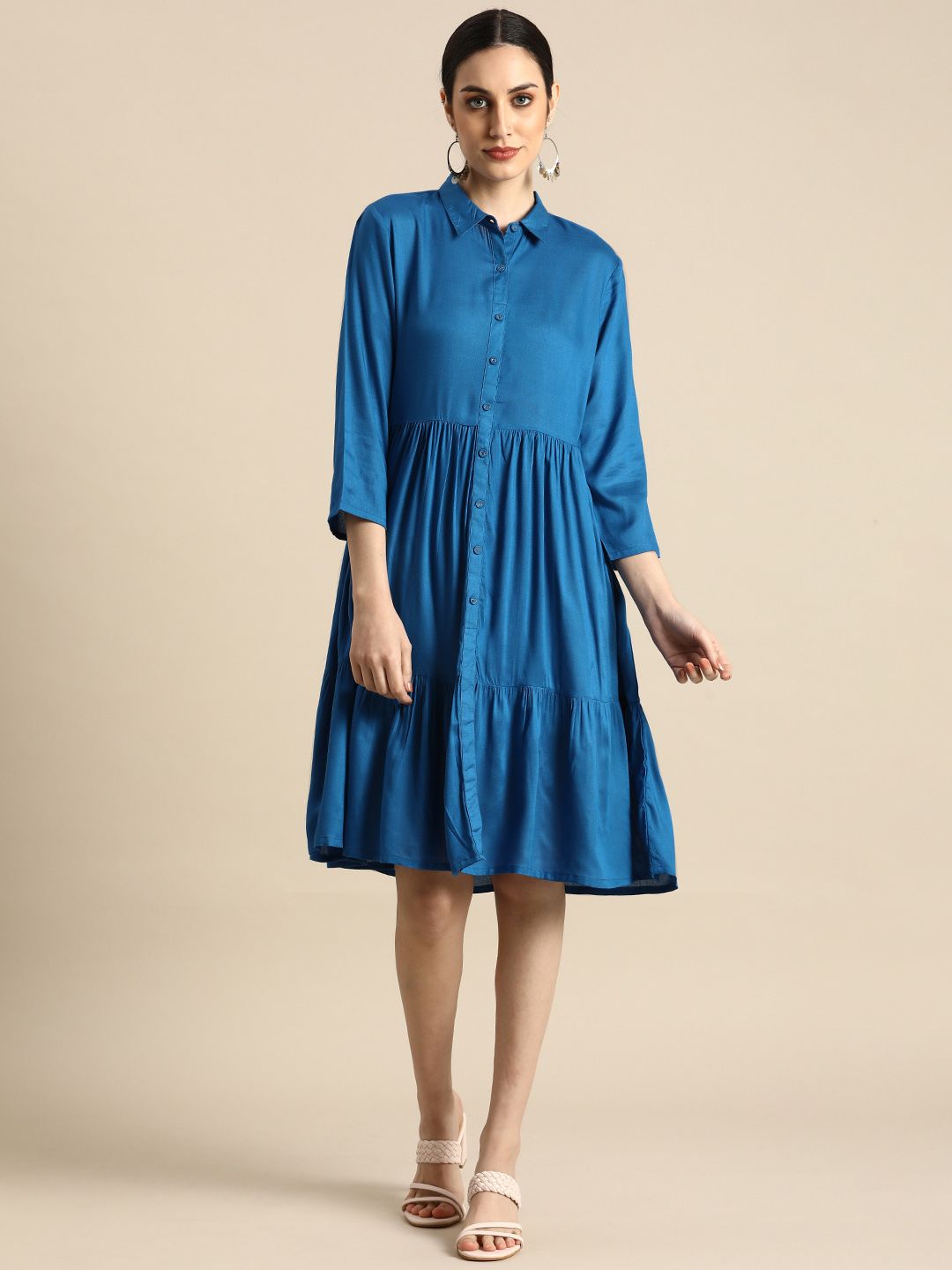 Anouk Blue Solid Shirt Pleated And Tiered Pure Cotton Dress Price in India