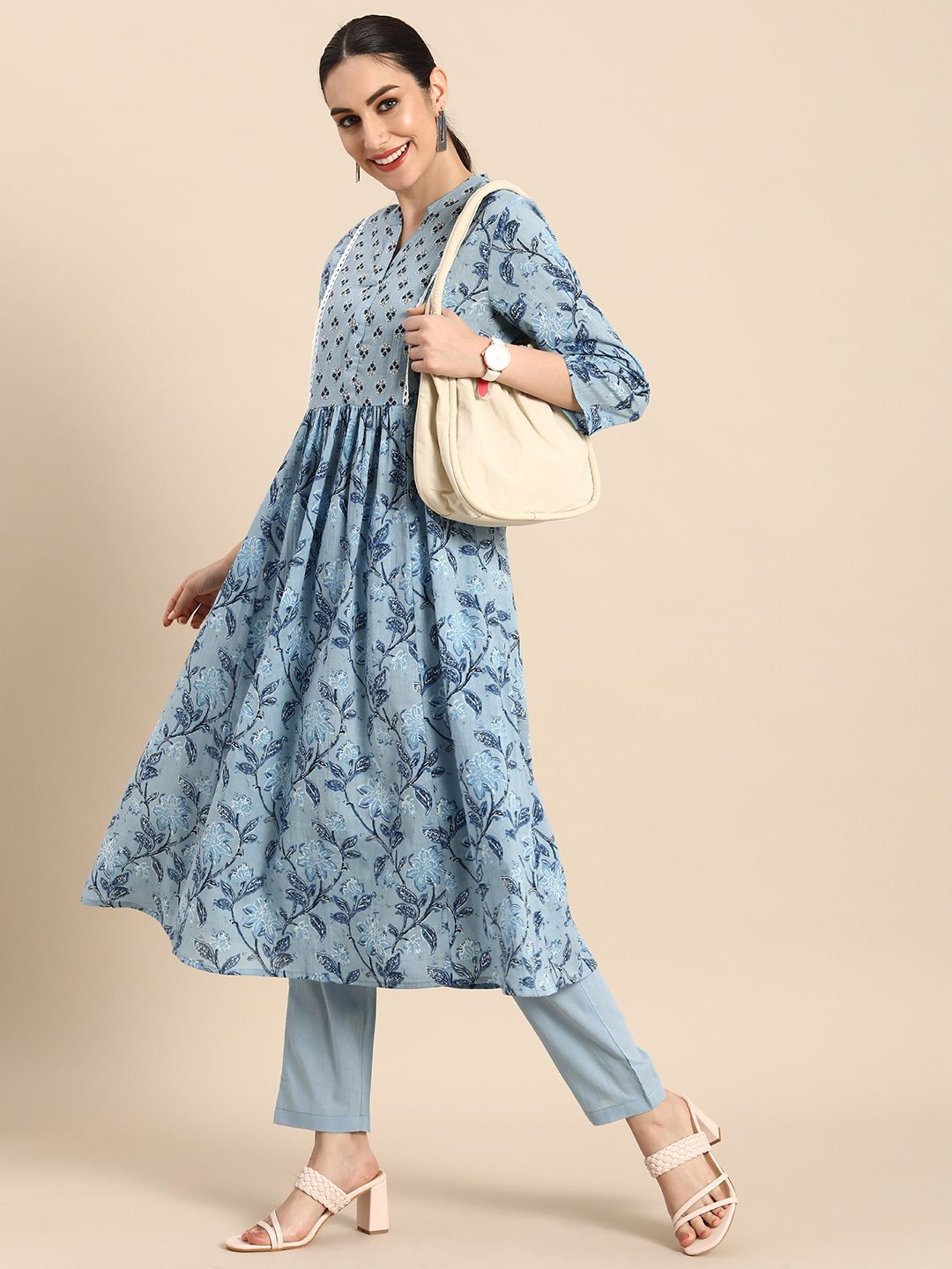 Anouk Women Blue Ethnic Motifs Printed Pure Cotton Kurta with Trousers Price in India