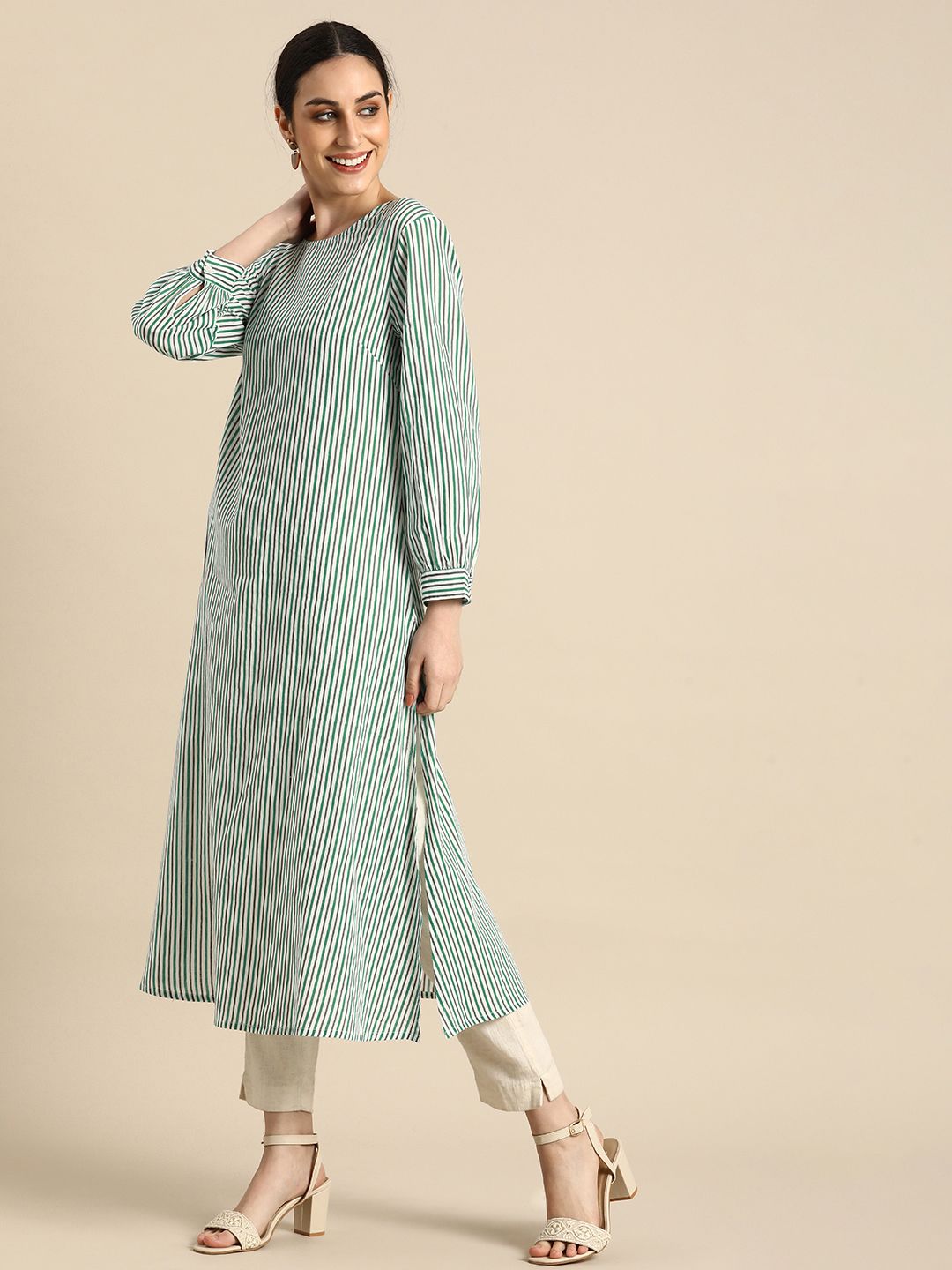 Anouk Women Sea Green & Grey Vertical Striped Quirky Kurta Price in India