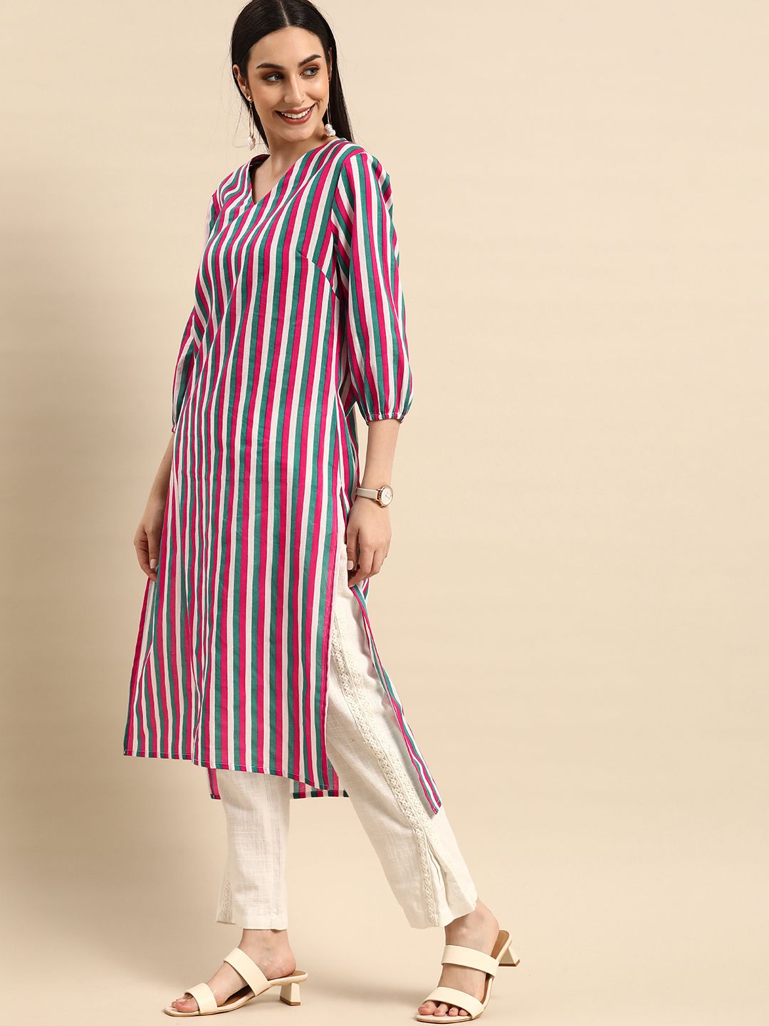 Anouk Women White & Blue Striped Kurta Price in India