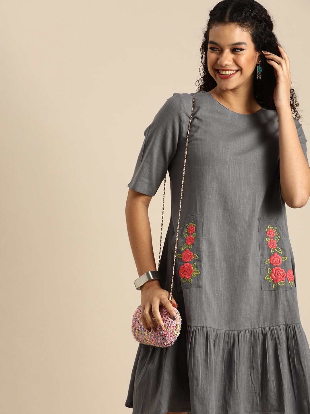 Anouk Grey A-Line Pure Cotton Tiered Dress With Floral Embroidered Pockets Price in India