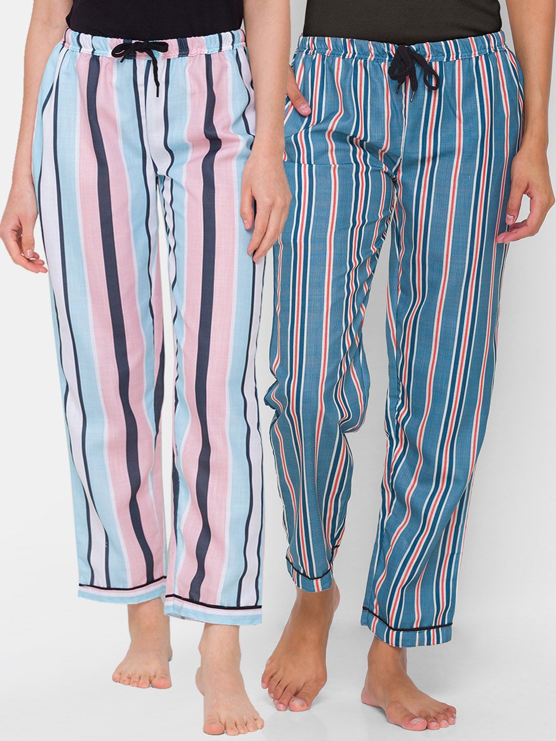 FashionRack Women Pack Of 2 Blue & Pink Striped Regular Fit Cotton Lounge Pants Price in India