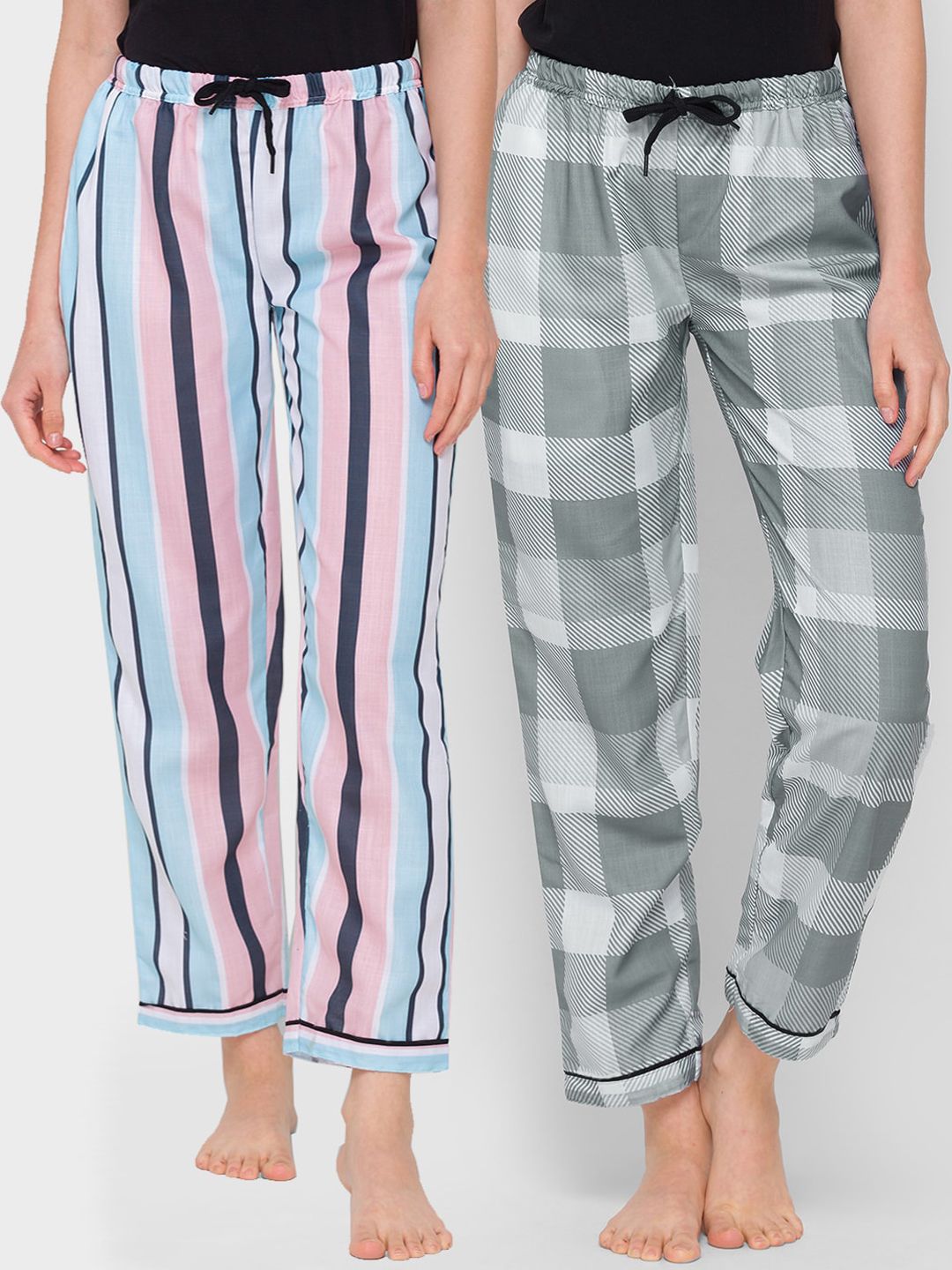 FashionRack Woman Pack of 2 Multi & Grey 100% Cotton Striped Lounge Pants Price in India