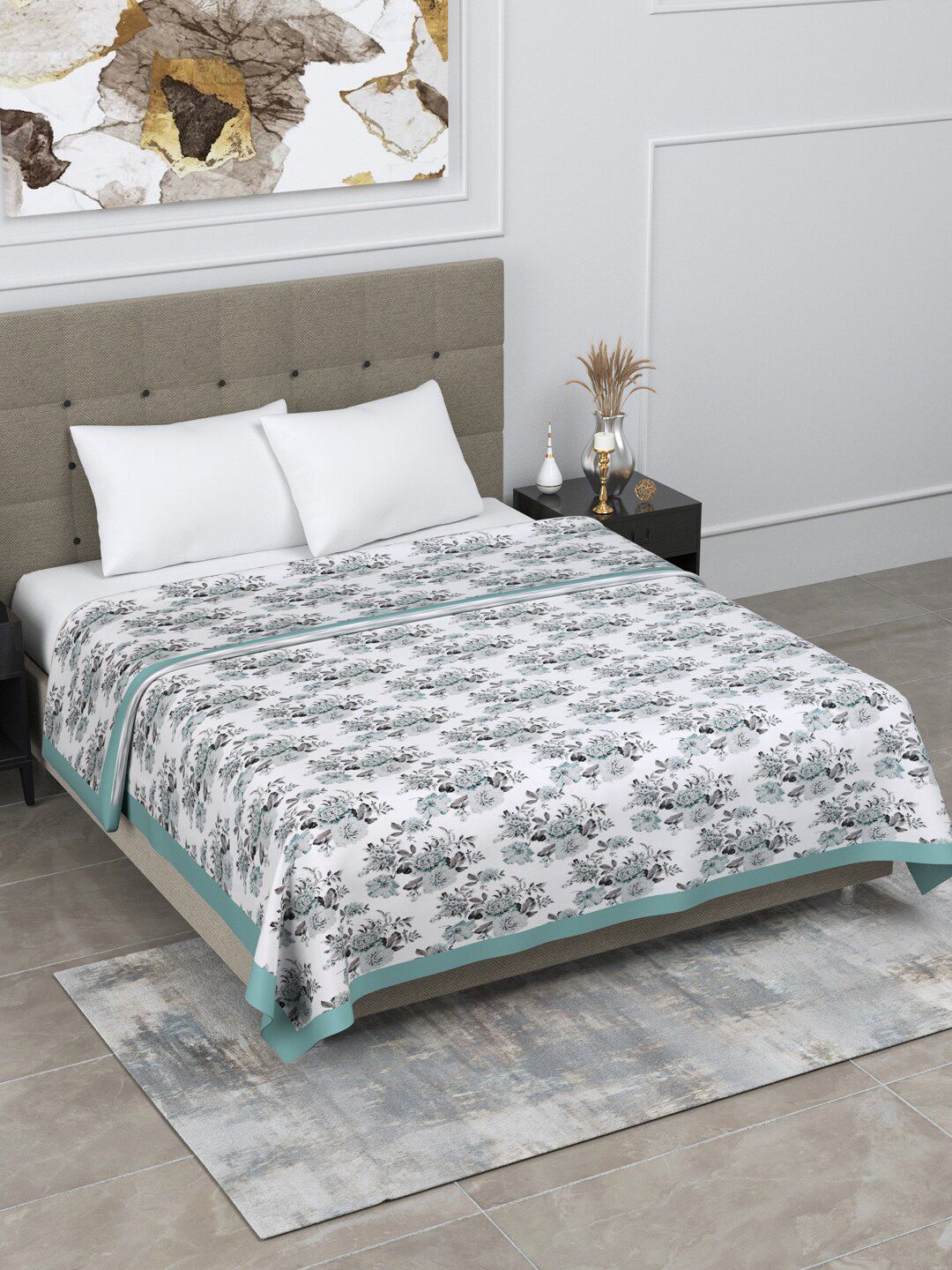 LINENWALAS Happy Sleeping Green Floral AC Room 150 GSM Cotton Single Bed Dohar Price in India
