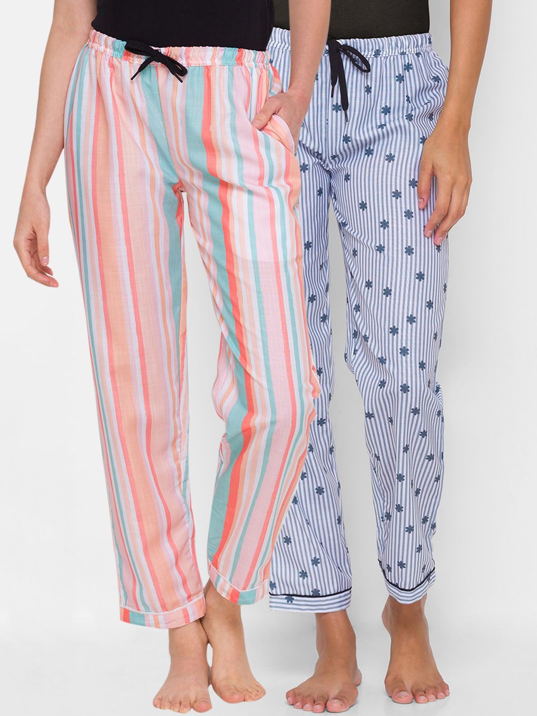 FashionRack Women Pack of 2 Blue Striped Lounge Pants Price in India