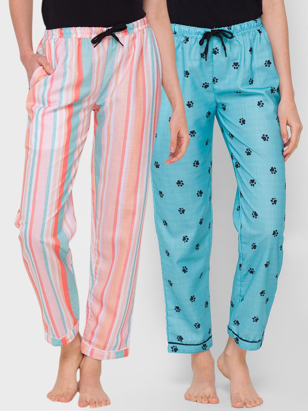 FashionRack Women Pack Of 2 Blue & Pink Striped Regular Fit Cotton Lounge Pants Price in India