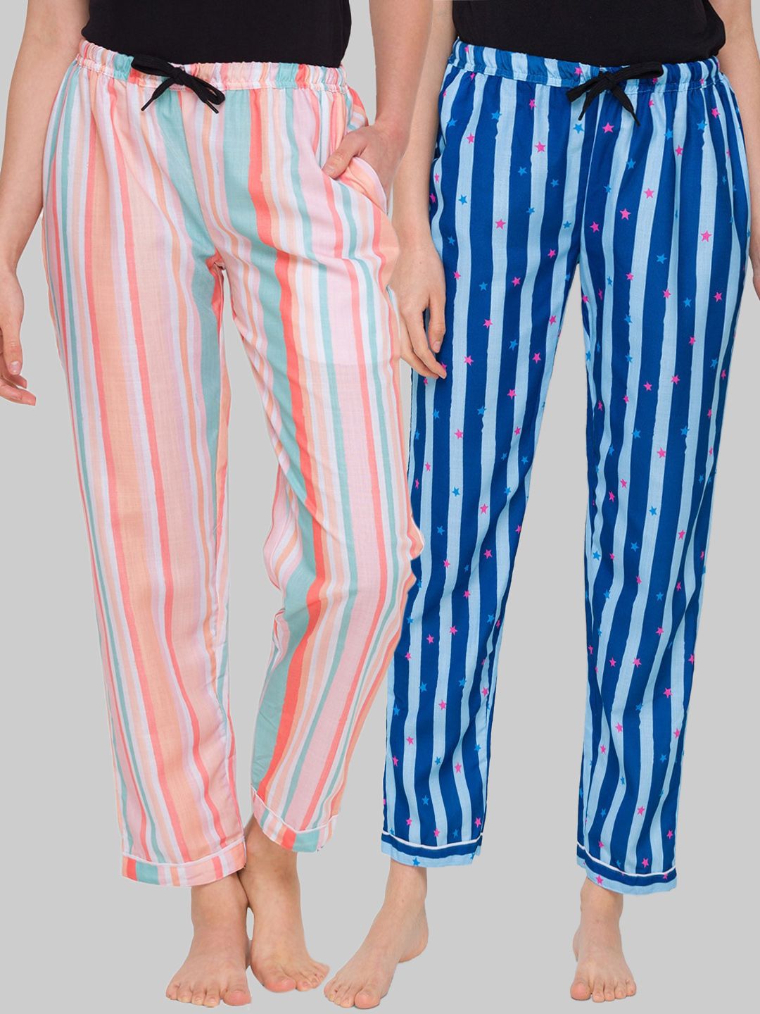 FashionRack Women Blue & Multicolor Pack of 2 Cotton Lounge Pants Price in India