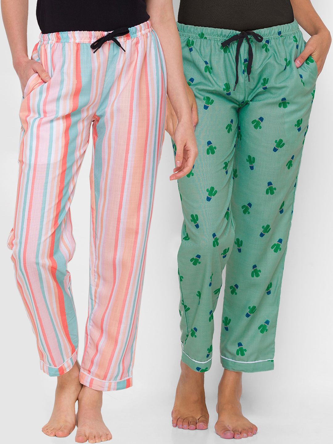 FashionRack Women Multicolor & Green Pack of 2 Cotton Lounge Pants Price in India