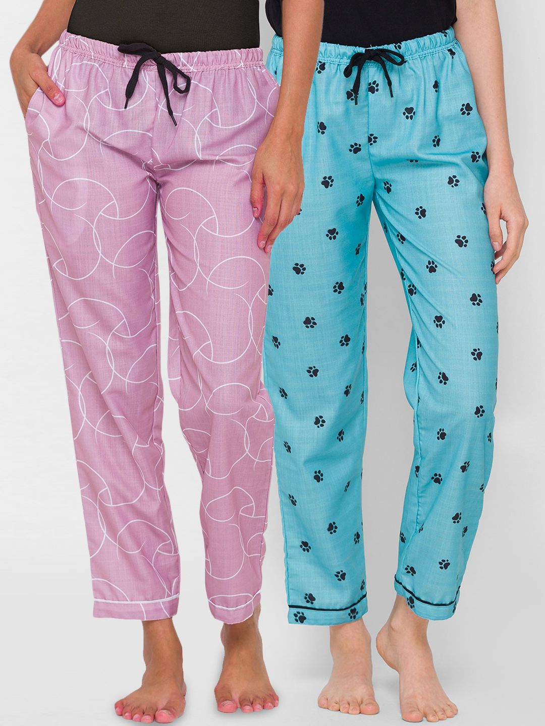 FashionRack Women Pack Of 2 Blue & Pink Printed Regular Fit Cotton Lounge Pants Price in India