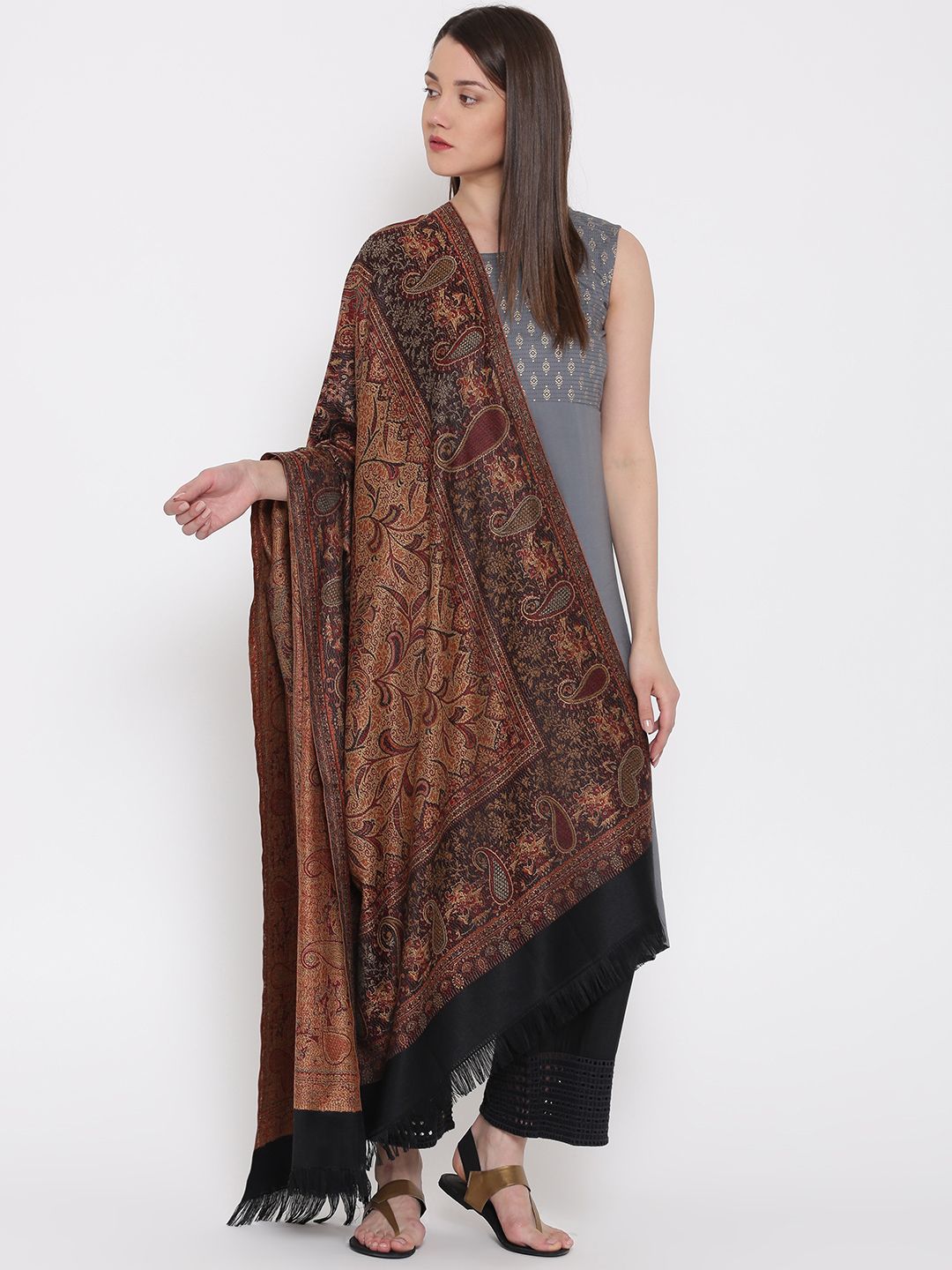 WEAVERS VILLA Brown & Black Pashmina Wool Patterned Shawl
