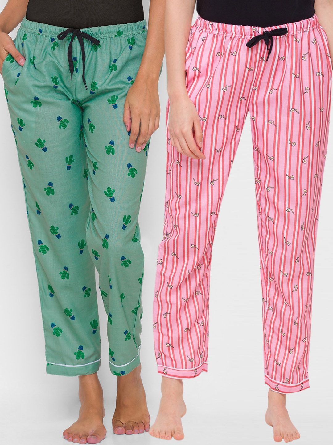 FashionRack Women Pink & Green Pack of 2 Cotton Lounge Pants Price in India