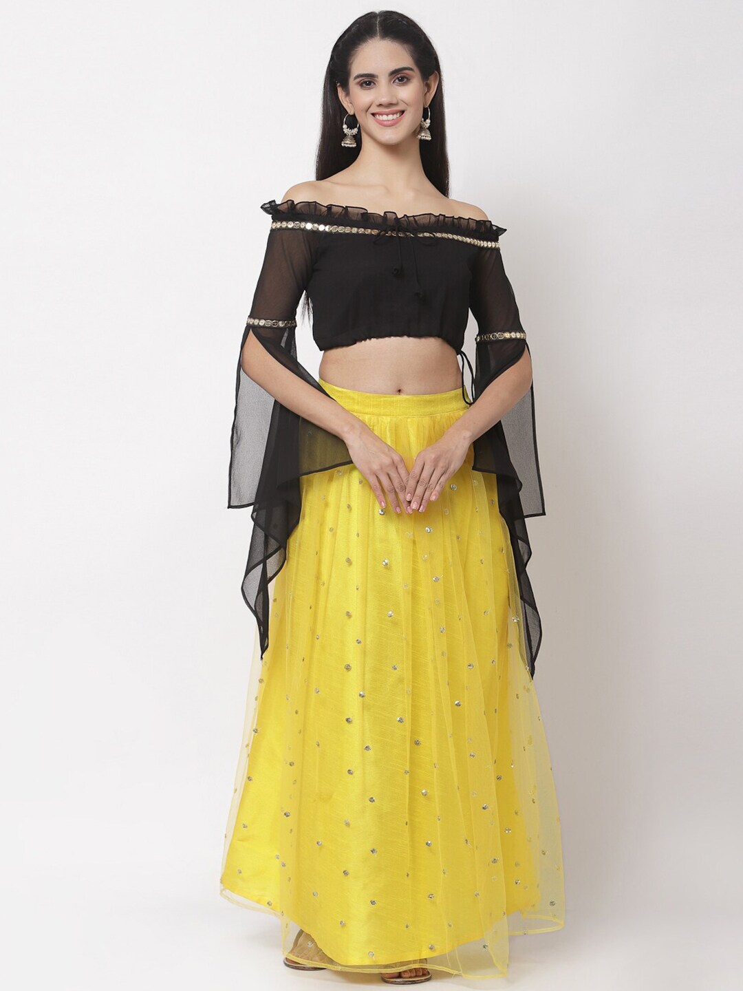 studio rasa Yellow & Black Embellished Sequinned Ready to Wear Lehenga Choli Price in India