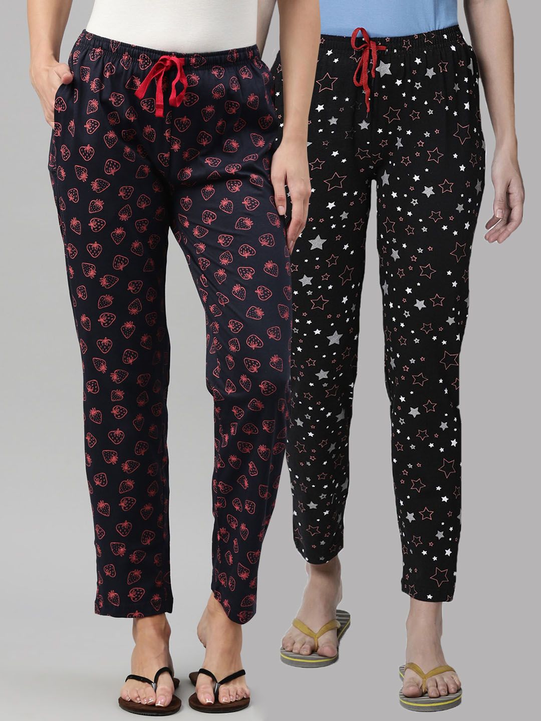 Kryptic Women Pack of 2 Black & Navy Blue Printed Cotton Lounge Pants Price in India