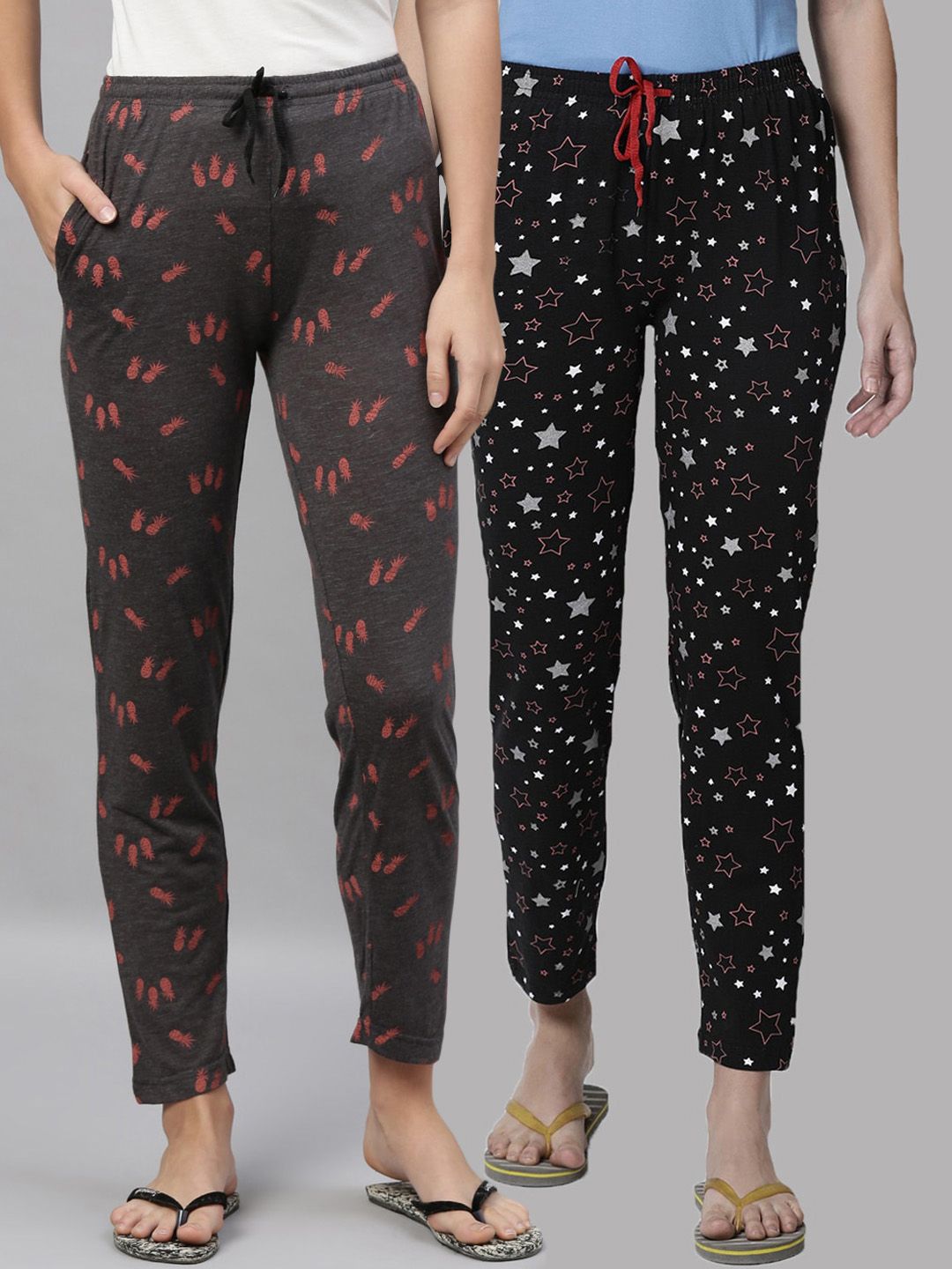 Kryptic Women Pack Of 2 Black & Charcoal Grey Printed Pure Cotton Lounge Pants Price in India