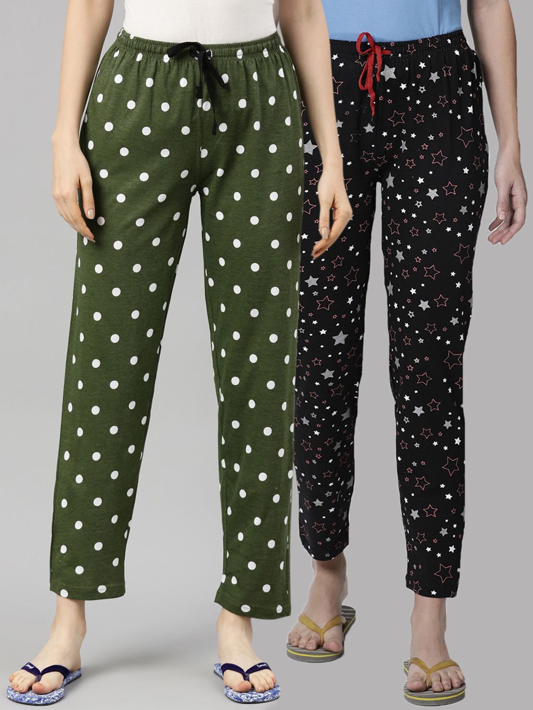 Kryptic Women Pack Of 2 Black & Green Printed Pure Cotton Lounge Pants Price in India