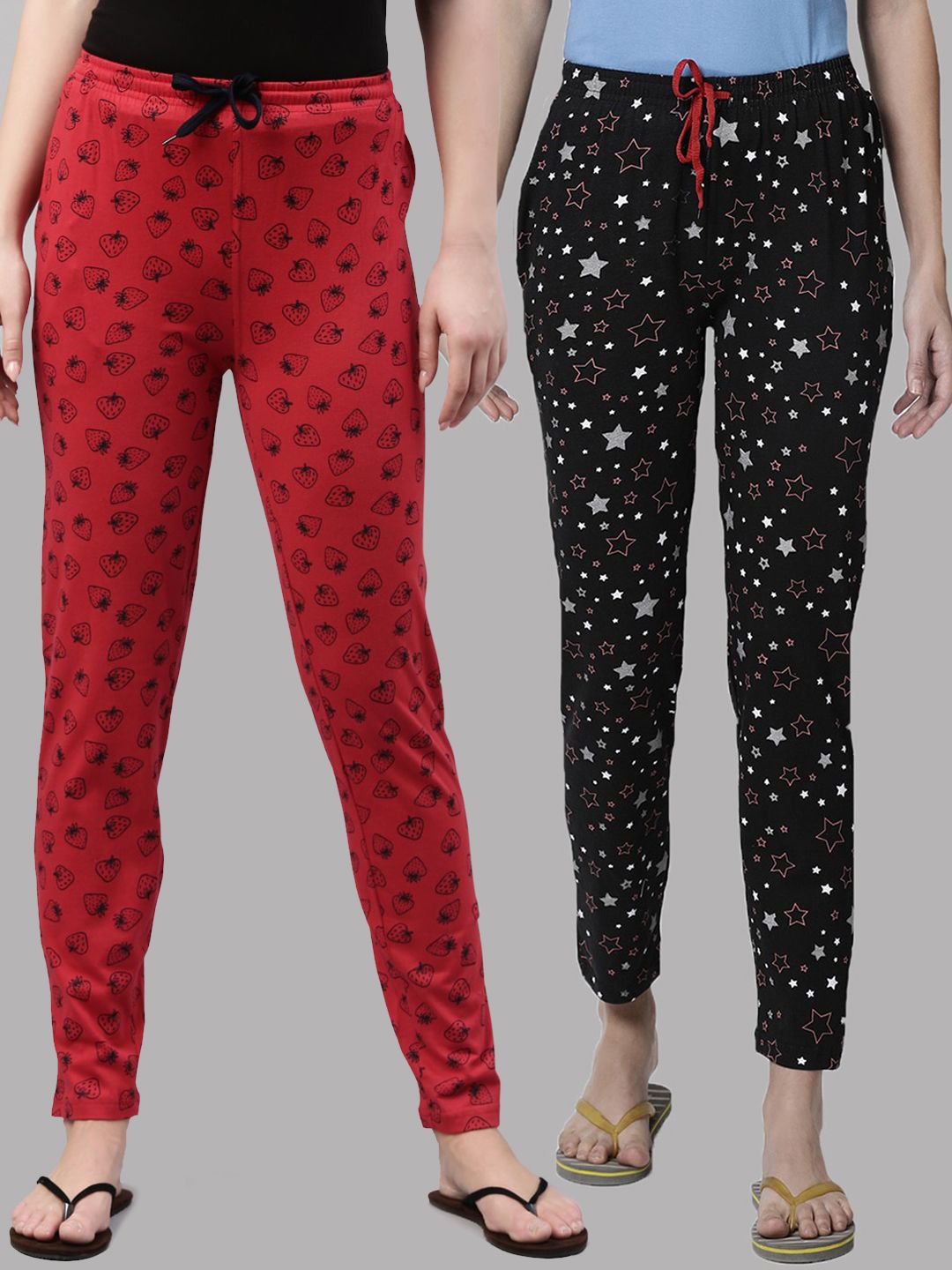 Kryptic Woman Pack of 2 Black & Red 100% Cotton Printed Lounge Pants Price in India