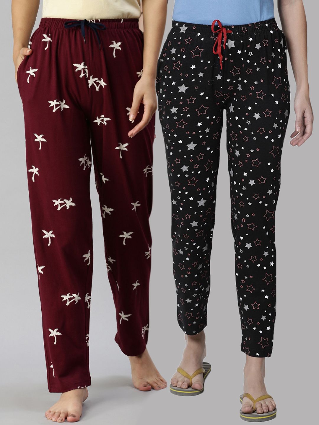 Kryptic Women Pack of 2 Black & Maroon Printed Mid Rise Cotton Lounge Pants Price in India