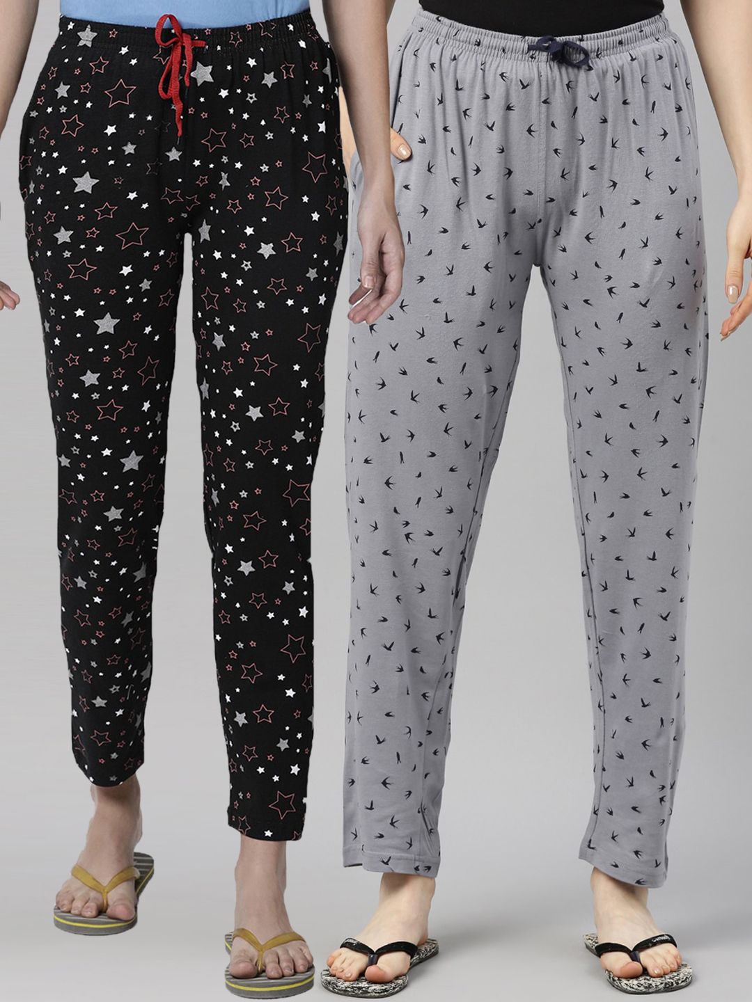 Kryptic Women Pack Of 2 Black & Grey Printed Pure Cotton Lounge Pant Price in India