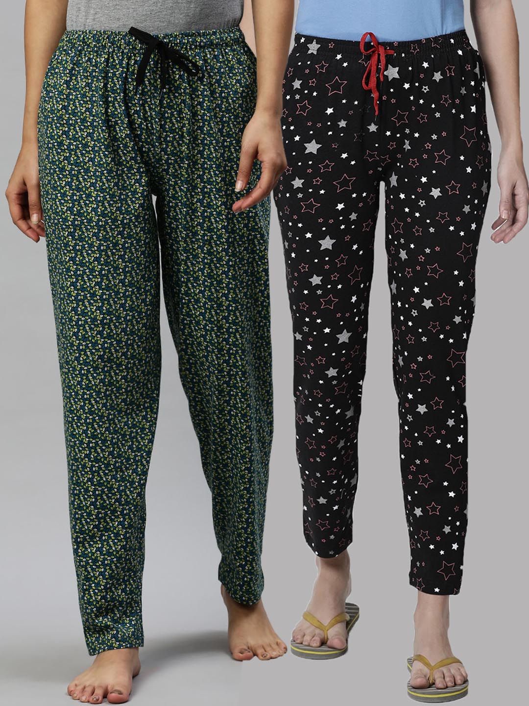 Kryptic Woman Pack of 2 Black & Green 100% Cotton Printed Lounge Pants Price in India