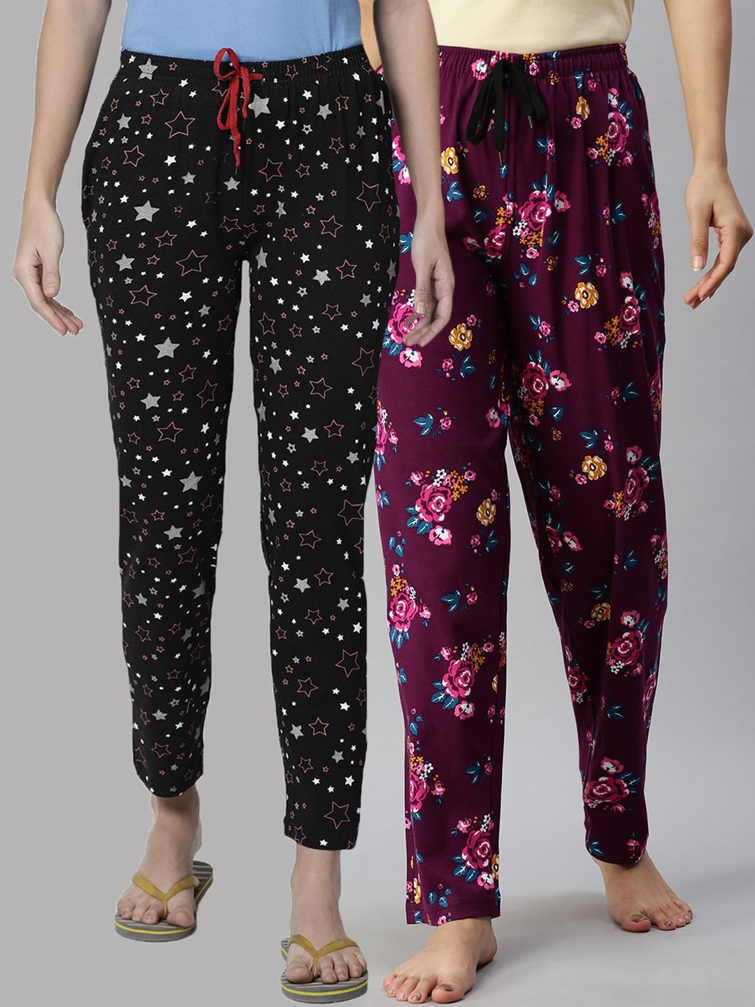 Kryptic Women Pack Of 2 Black & Maroon Printed Pure Cotton Lounge Pants Price in India