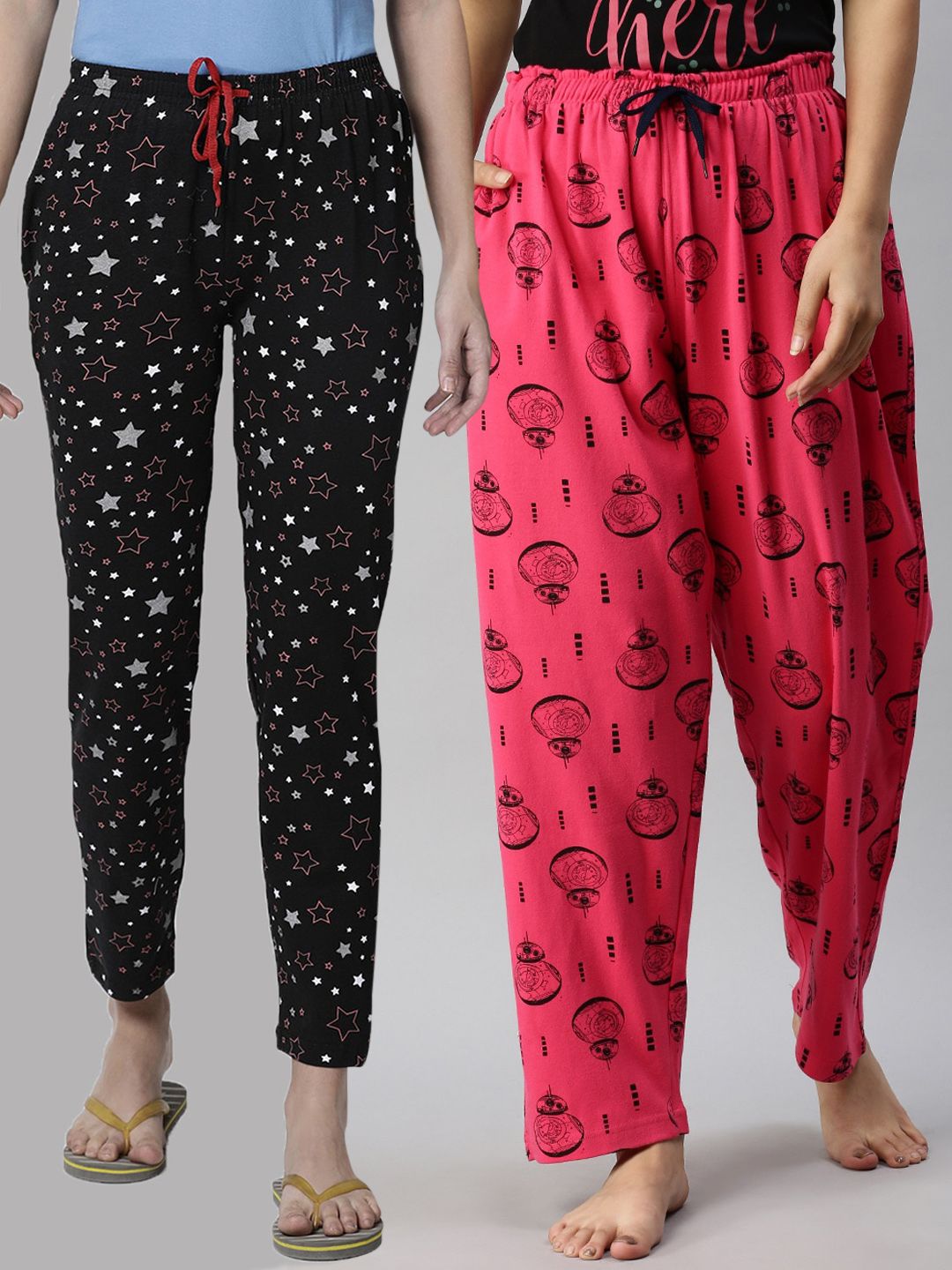 Kryptic Woman Pack of 2 Black & Fuchsia Pink Printed Pure Cotton Lounge Pants Price in India