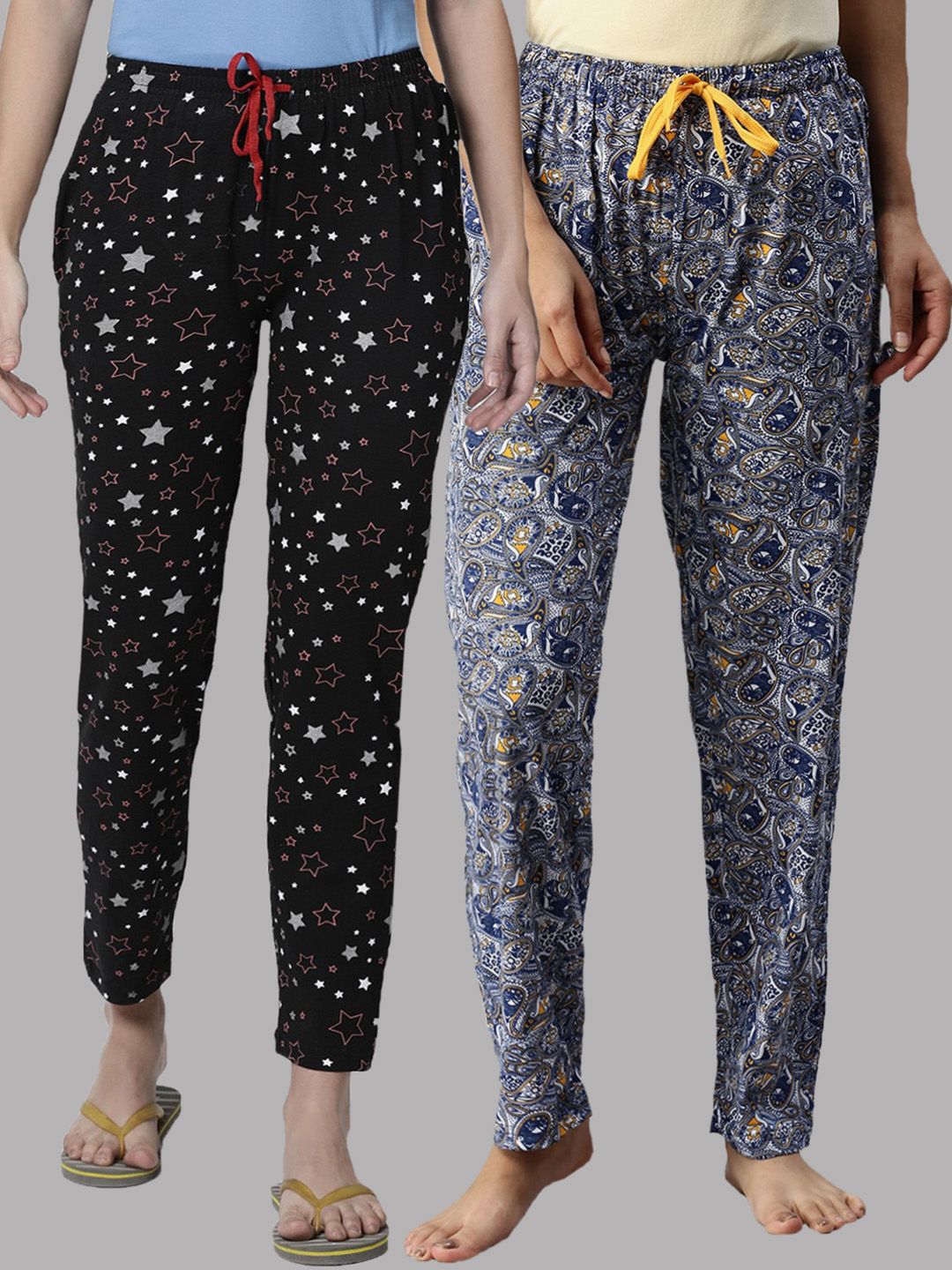 Kryptic Women Black & Blue Pack Of 2 Printed Pure Cotton Lounge Pants Price in India