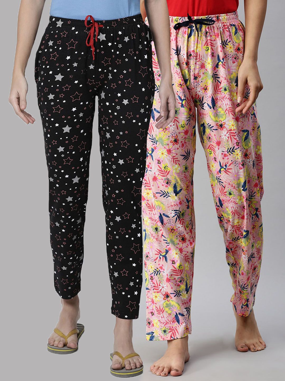 Kryptic Women Pack of 2 Black & Pink Printed Mid Rise Cotton Lounge Pants Price in India