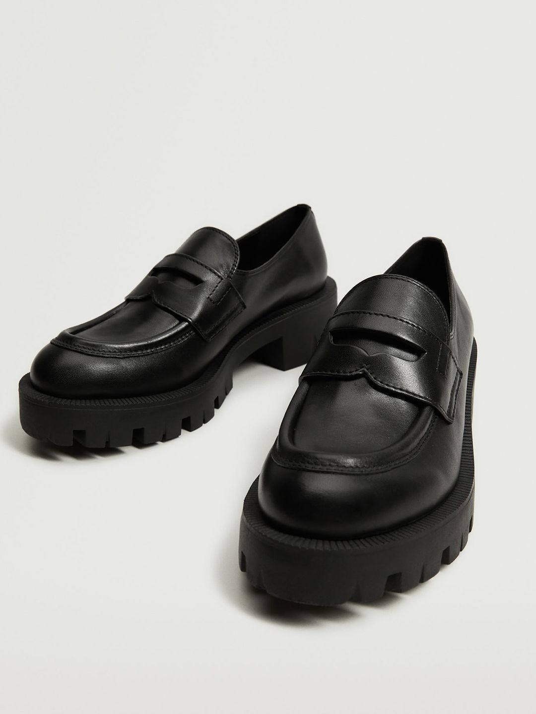 MANGO Women Black Solid Heeled Leather Loafers Price in India