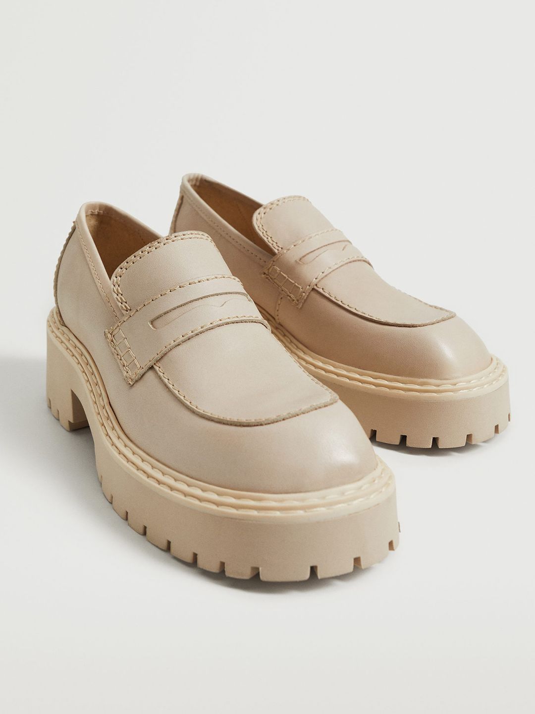 MANGO Women Beige Solid Heeled Leather Loafers Price in India