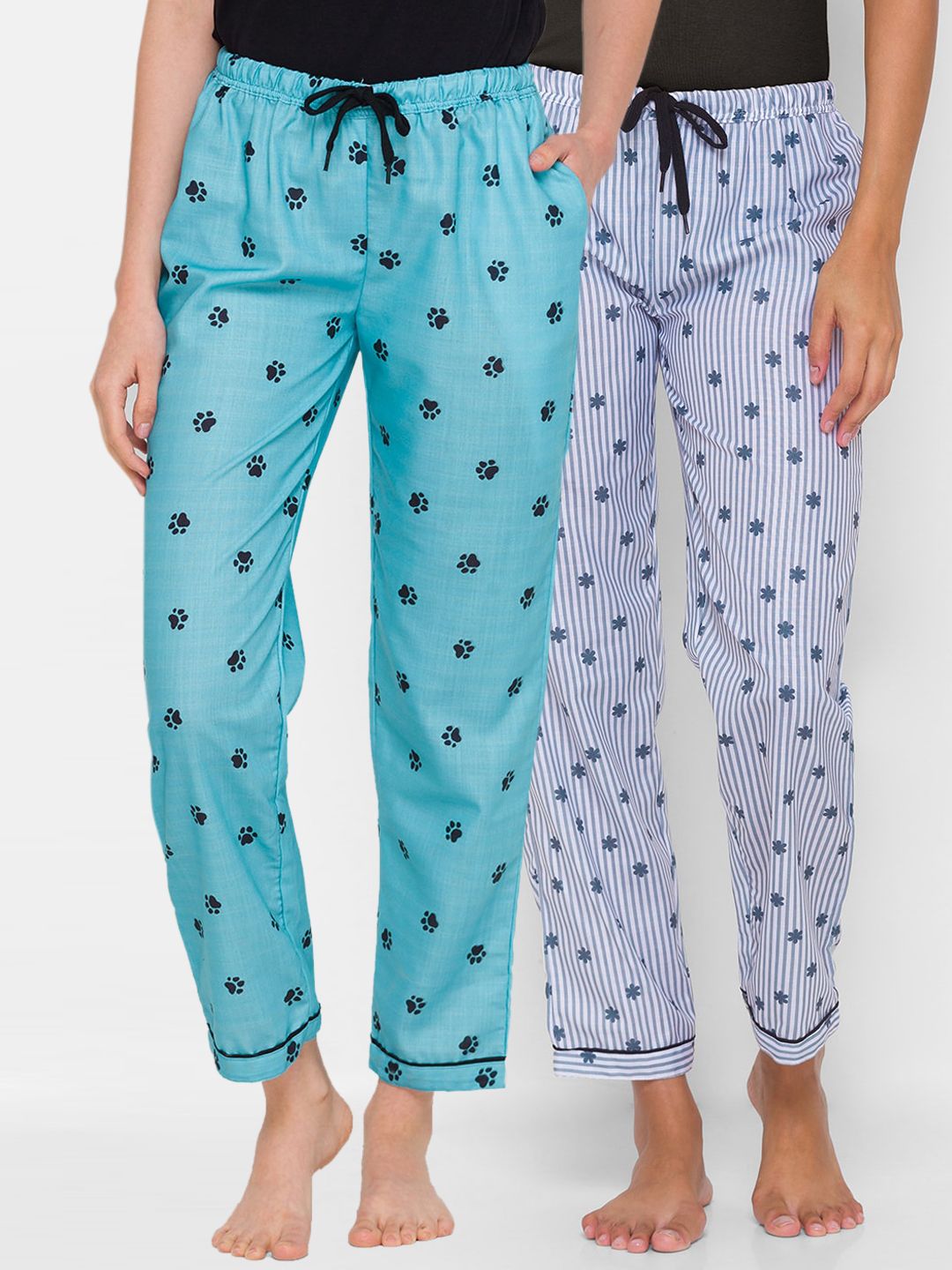 FashionRack Women Grey & Blue Pack of 2 Printed Cotton Lounge Pants Price in India