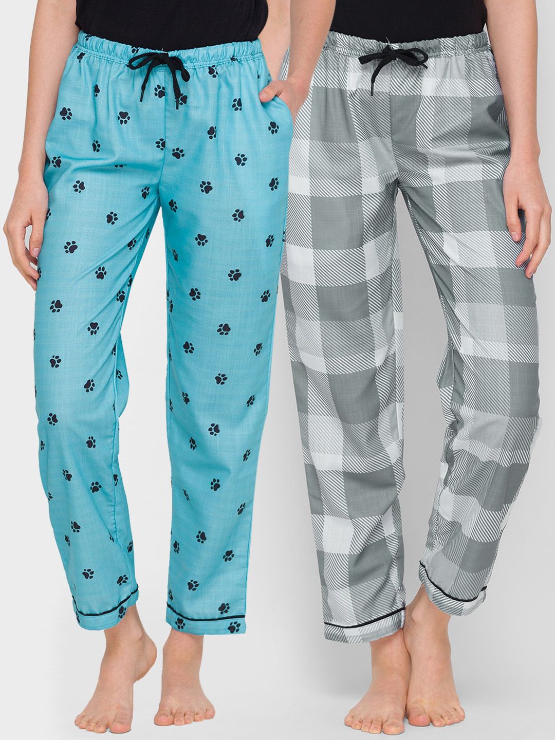 FashionRack Woman Pack of 2 Blue & Grey Printed Lounge Pants Price in India