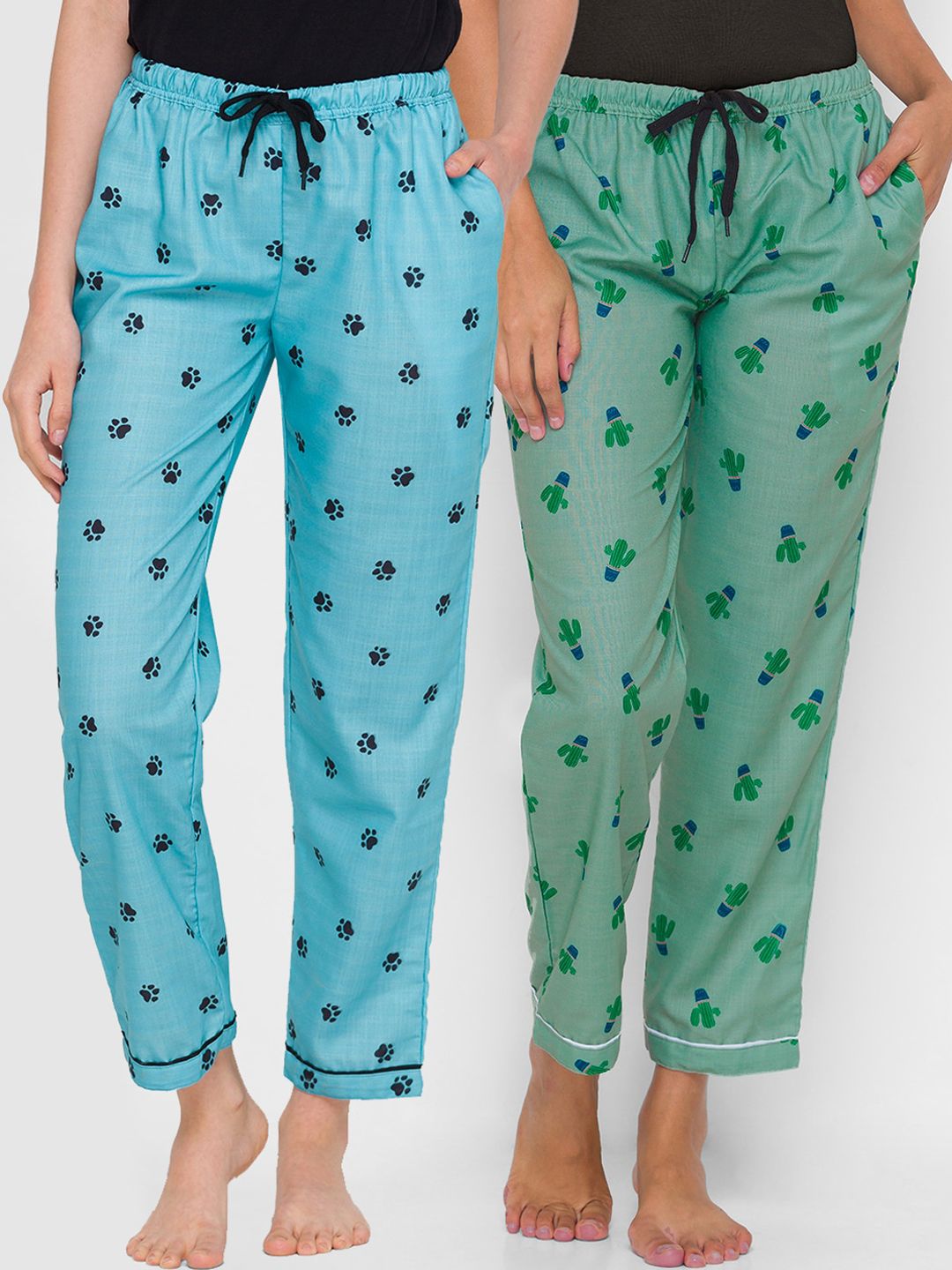 FashionRack Women Blue & Green Set Of 2 Printed Cotton Lounge Pants Price in India