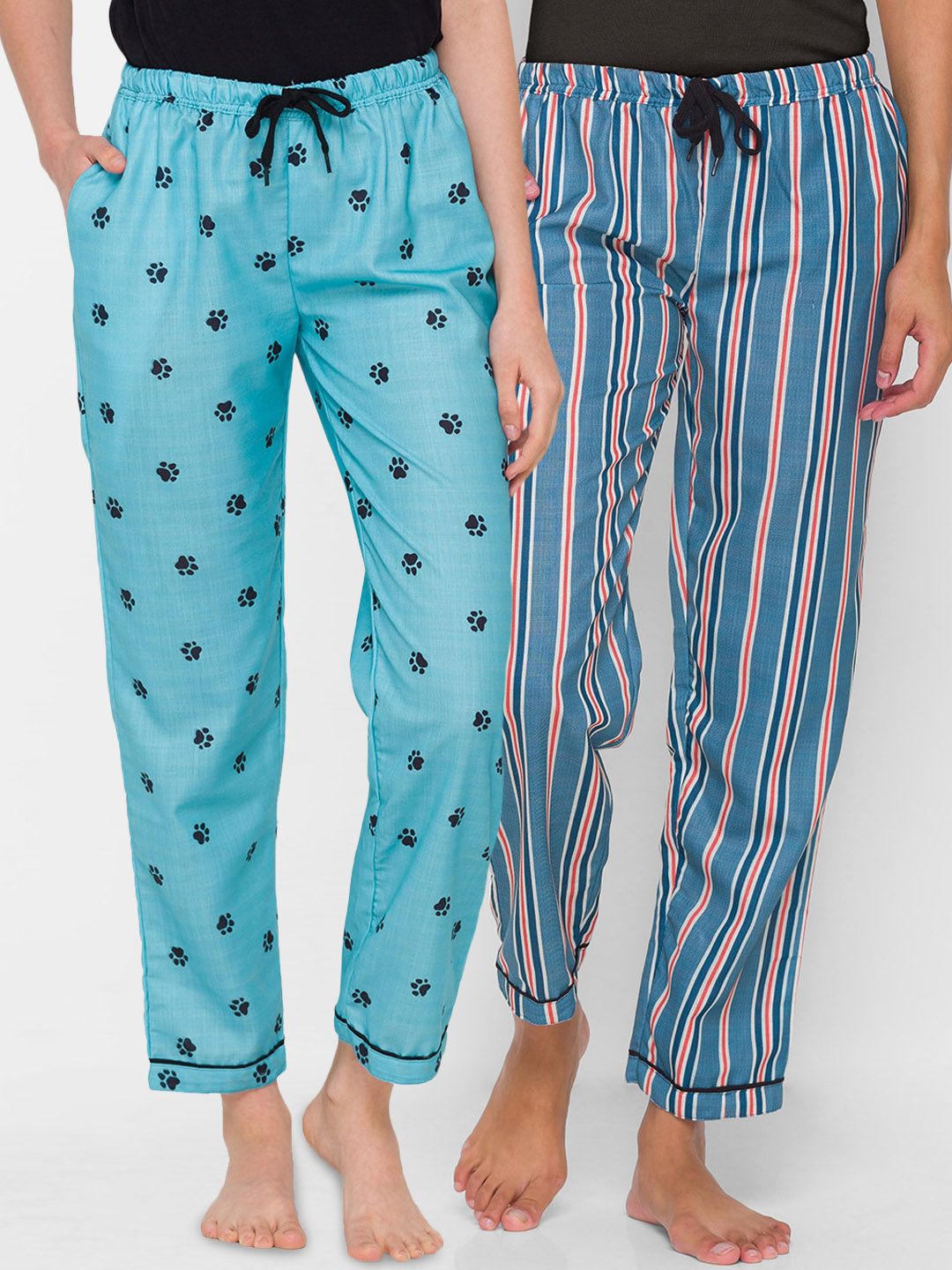 FashionRack Women Pack of 2 Blue & Navy Blue Cotton Printed Pyjamas Price in India