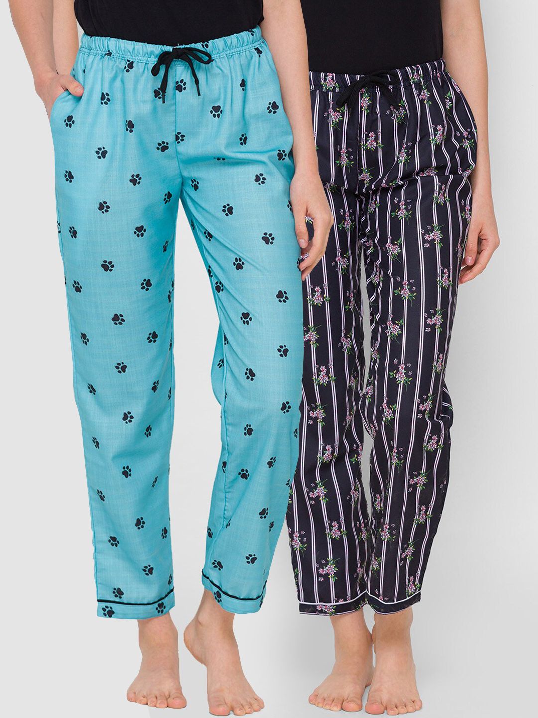 FashionRack Women Pack of 2 Blue & Black Cotton Printed Pyjamas Price in India