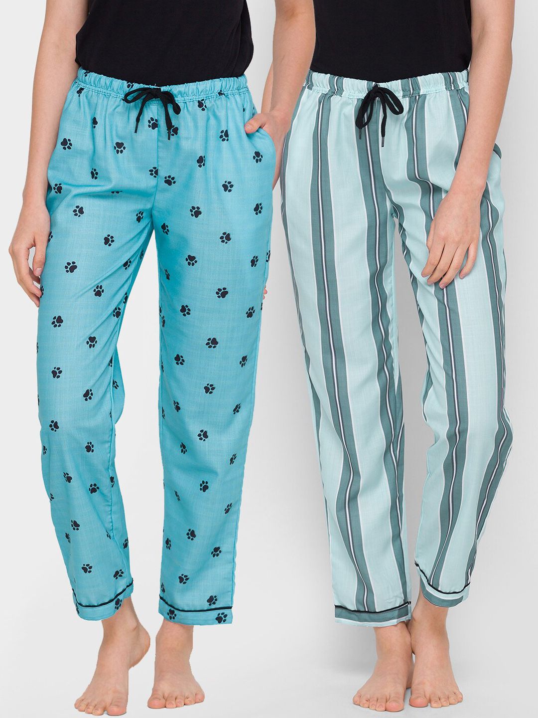 FashionRack Women Pack Of 2 Blue Printed Cotton Lounge Pants Price in India