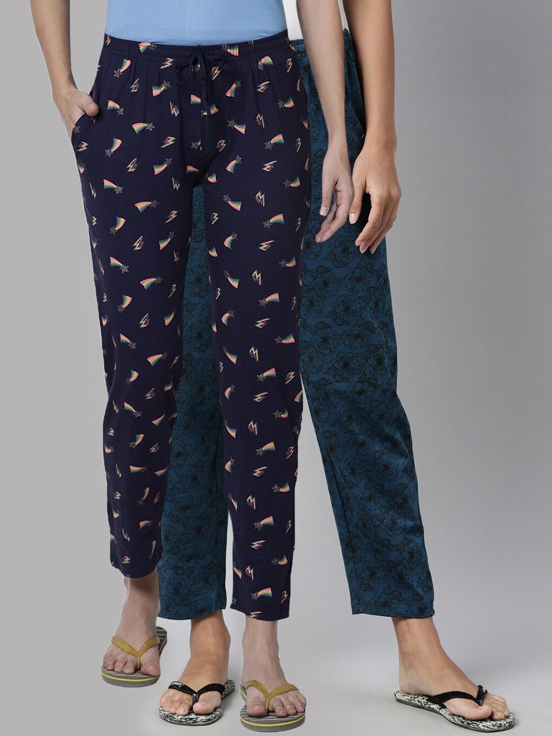 Kryptic Women Navy Blue Pack of 2 Printed Cotton Lounge Pants Price in India