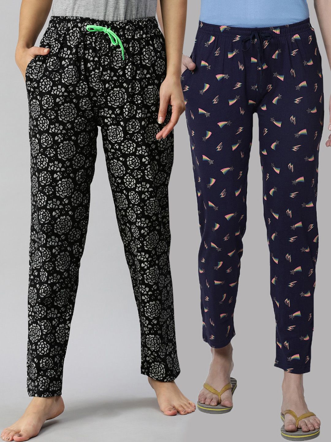 Kryptic Woman Pack Of 2 Navy Blue & Black Cotton Printed Lounge Pants Price in India