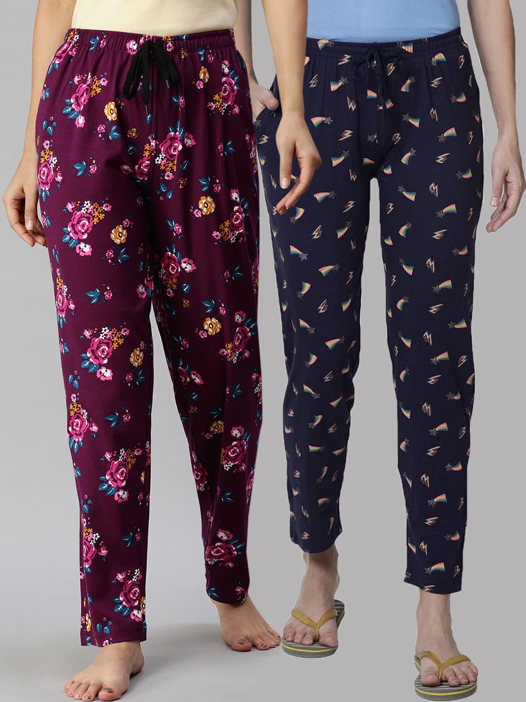 Kryptic Women Pack Of 2 Navy Blue & Maroon Printed Pure Cotton Lounge Pants Price in India