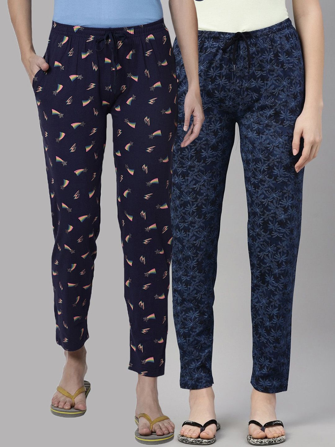 Kryptic Women Navy Blue Set Of 2 Printed Pure Cotton Lounge Pants Price in India